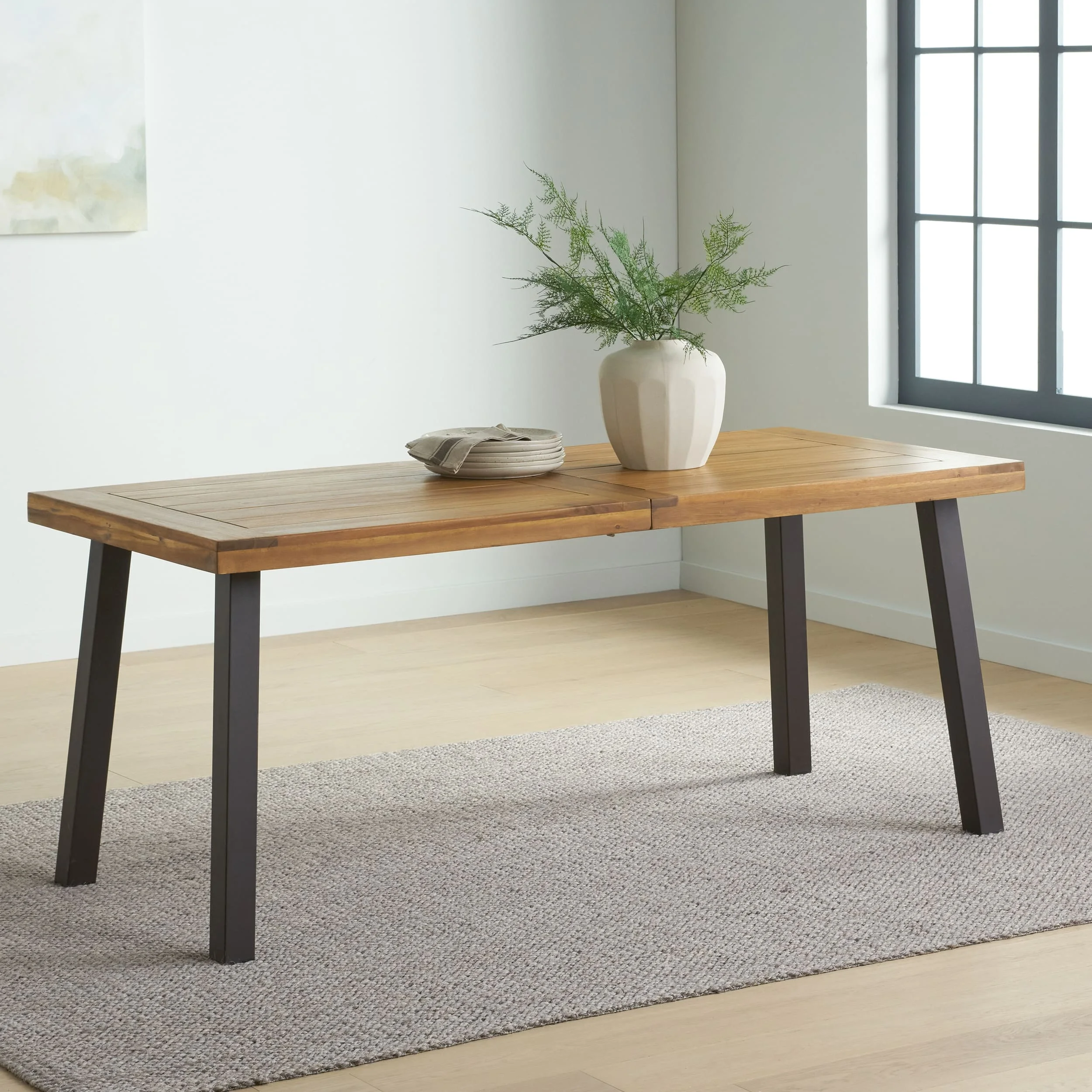 Della 69" Acacia Wood Dining Table - Natural Finish with Rustic Metal Legs - Modern Industrial Design