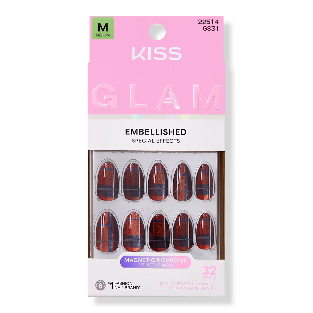 Kiss  Glam Embellished Medium Almond Press On Nails, Mirror