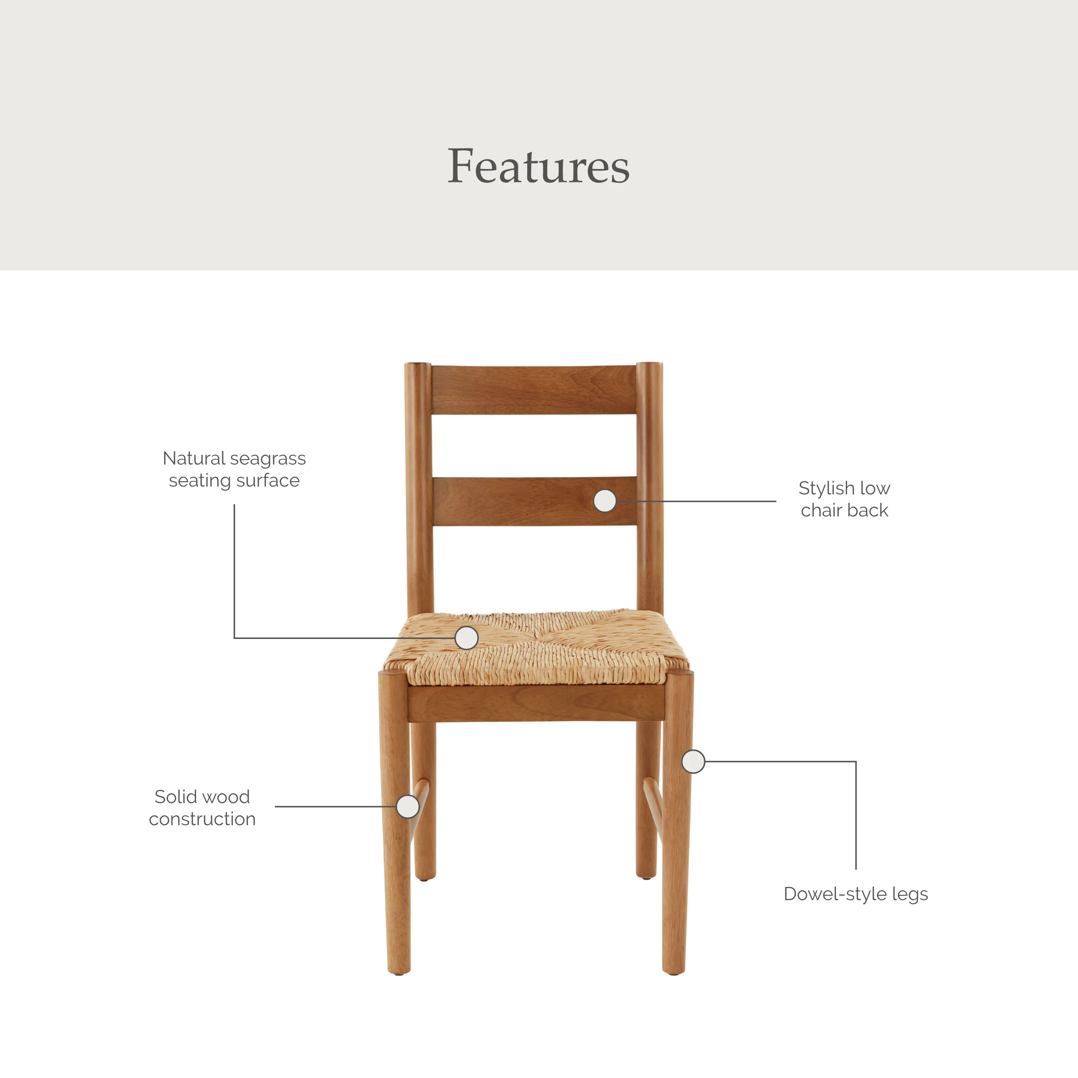 My Texas House Laurel Dining Chairs with Woven Seagrass Seat, Warm Brown, 2 Pack