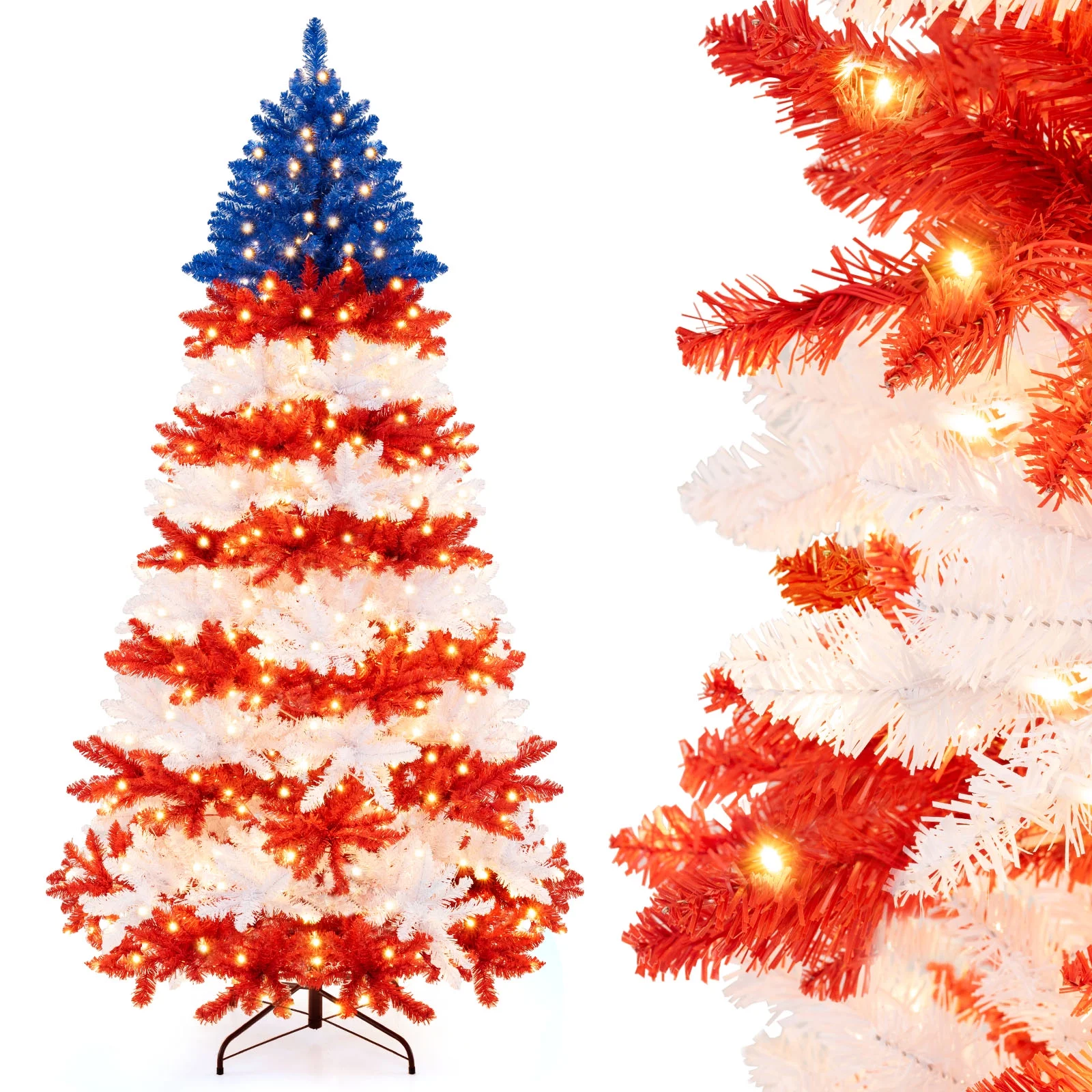 Costway 7.5 FT Patriotic Pre-Lit Artificial Christmas Tree with 1341 Branch Tips 480 Lights
