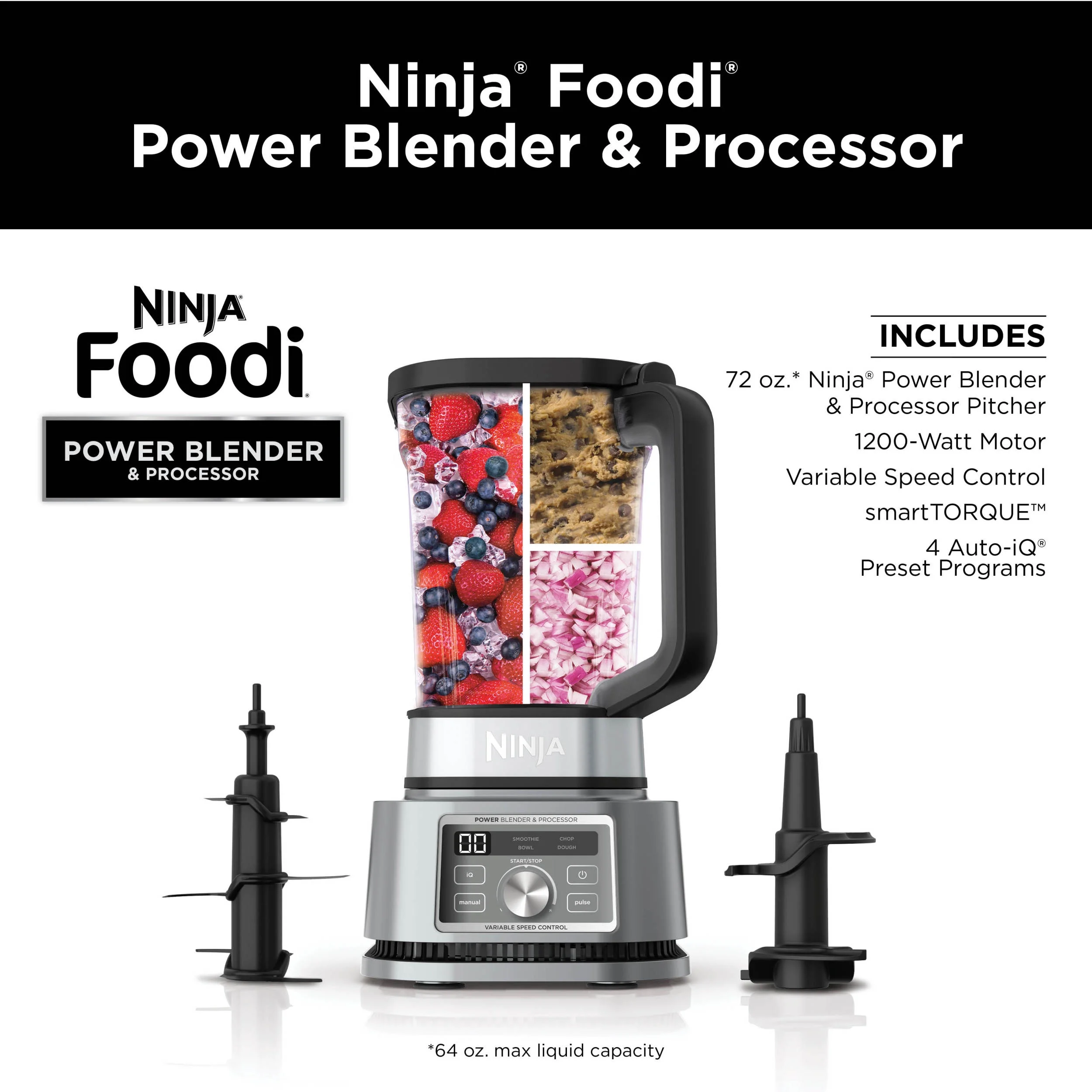 Ninja?? Foodi?? Power Blender & Processor 3-in-1 72-oz. Blender and Food Processor 1200W 4 Auto-iQ?? Presets, SS200