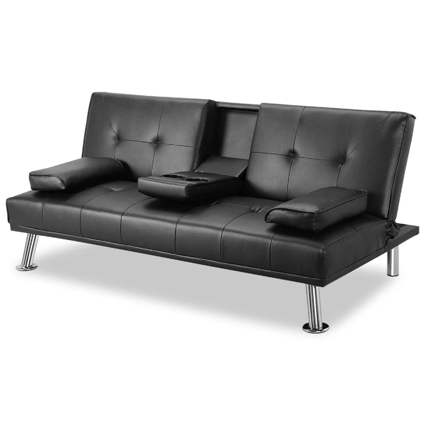 Hommoo Faux Leather Futon Sofa Bed, Modern Convertible Folding Sofa Couch with Cupholders and Pillows, Loveseat for Home, Living Room, Apartment, Black