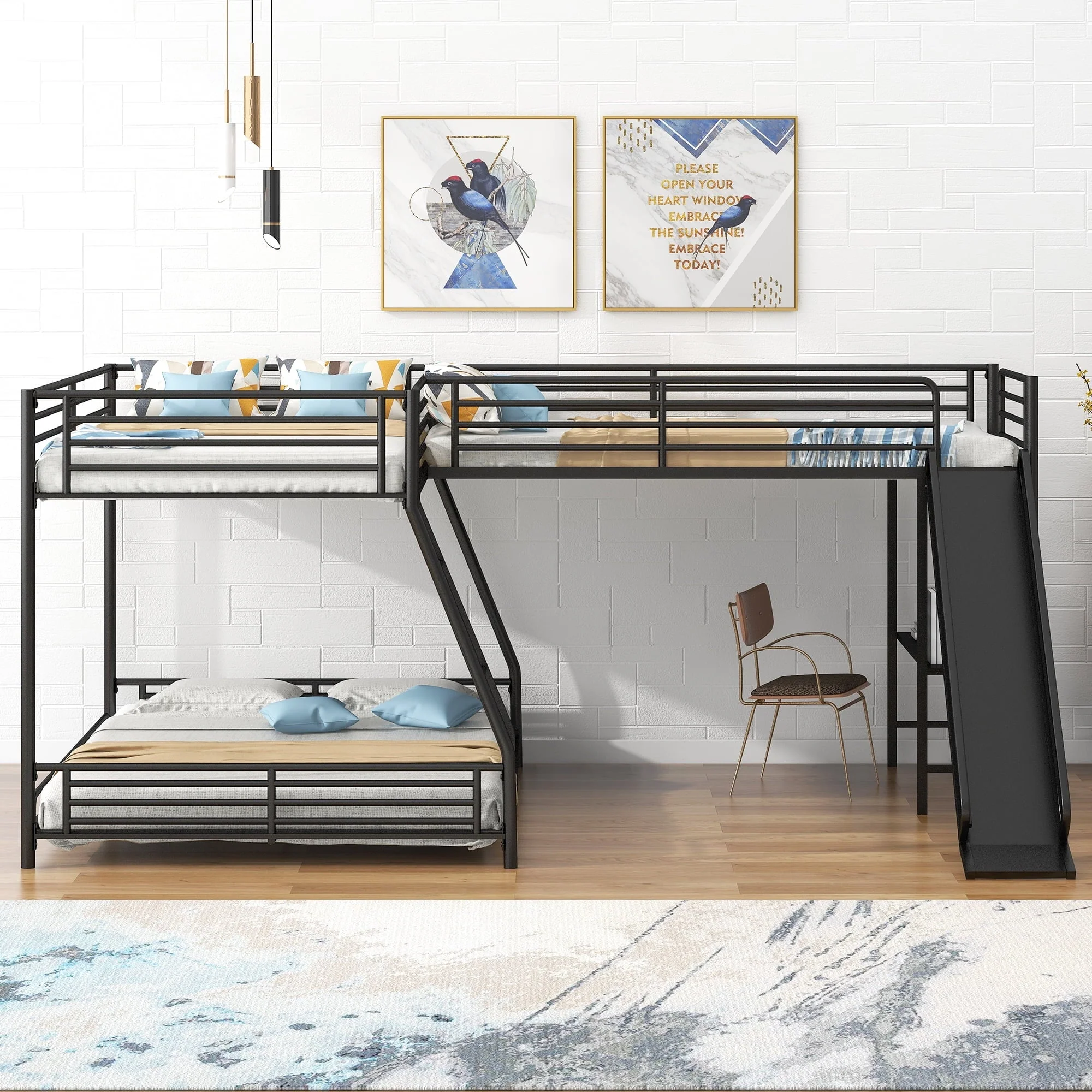 Metal L-Shaped Twin over Full Bunk and Loft Bed with Desk for Kids, Black