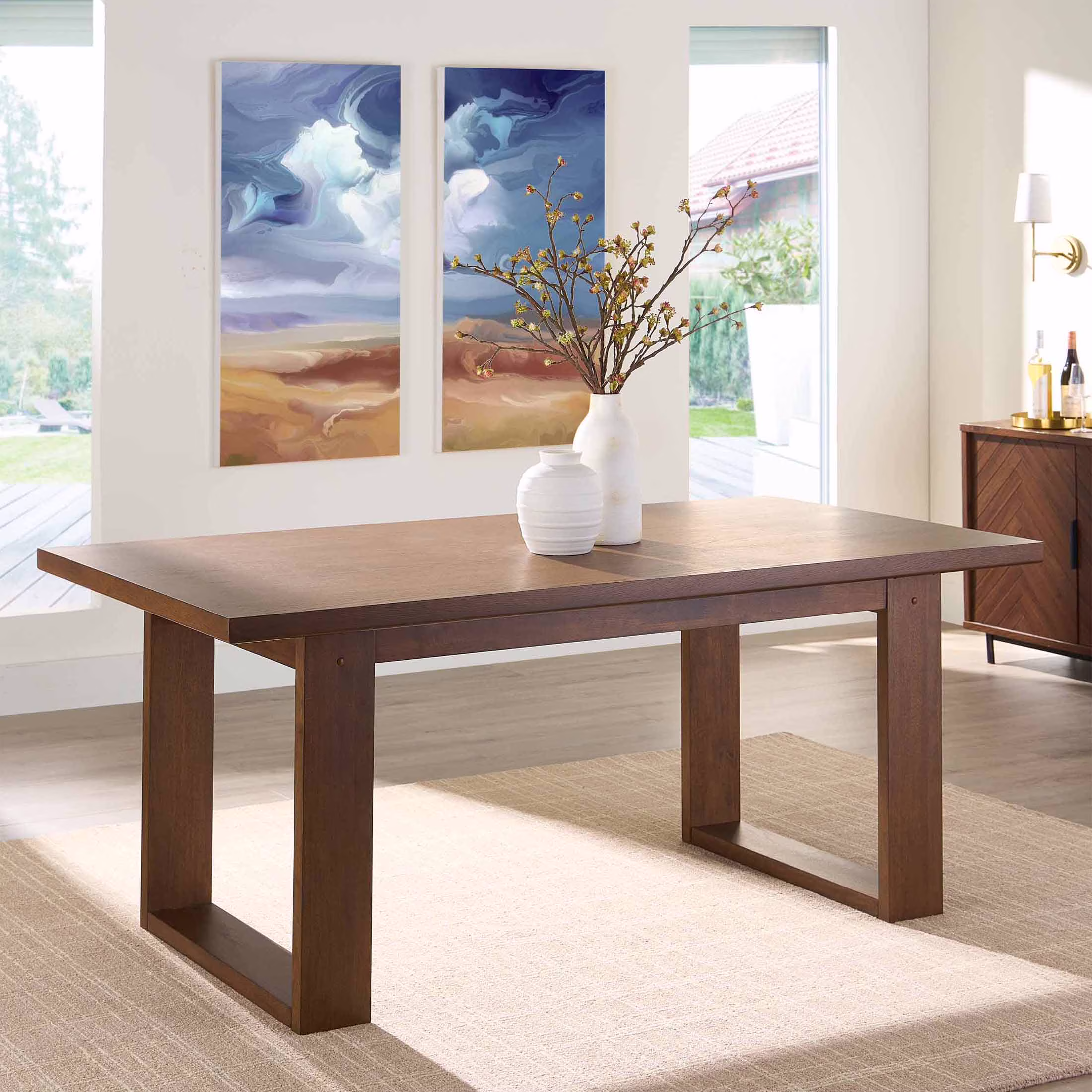 Better Homes & Gardens Ezra Collection Rectangular Double Pedestal Dining Table, 70 in, Walnut