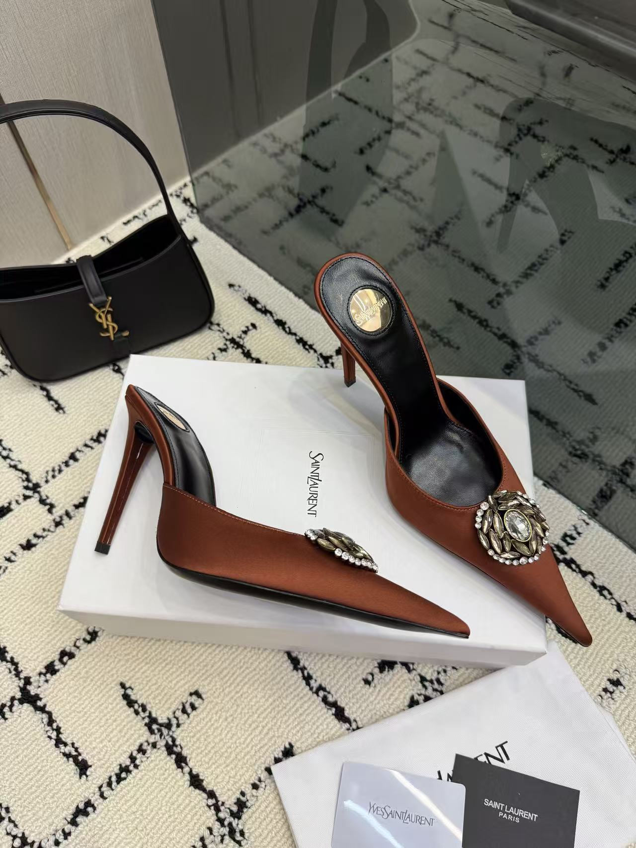 YSL Amber Brown Pointed Toe Satin Crystal Brooch Stiletto Heel Mules Sandals