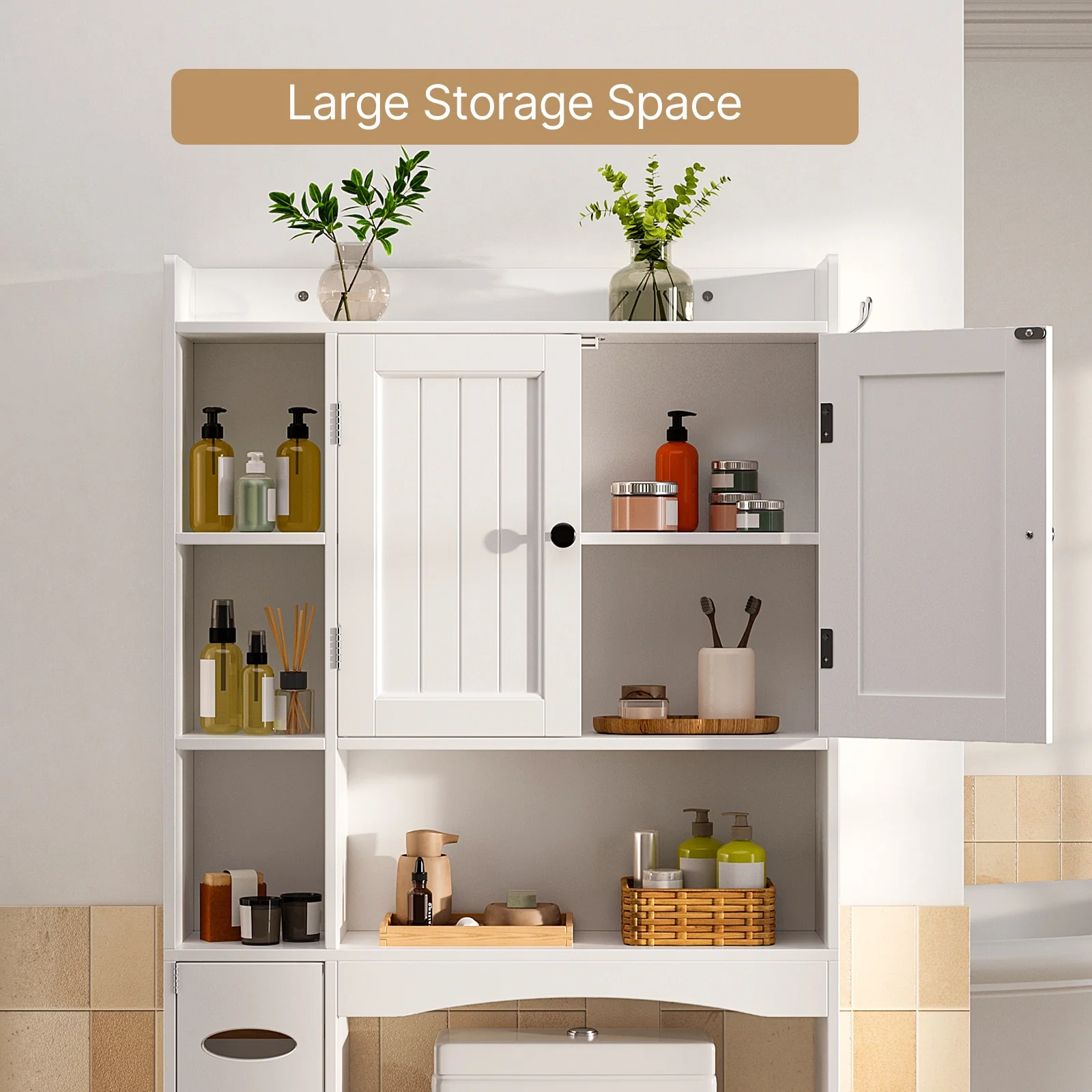 Over the Toilet Storage Cabinet , Bathroom Cabinet with 6 Open Shelves & Waterproof Tissue Holder - Upgraded White
