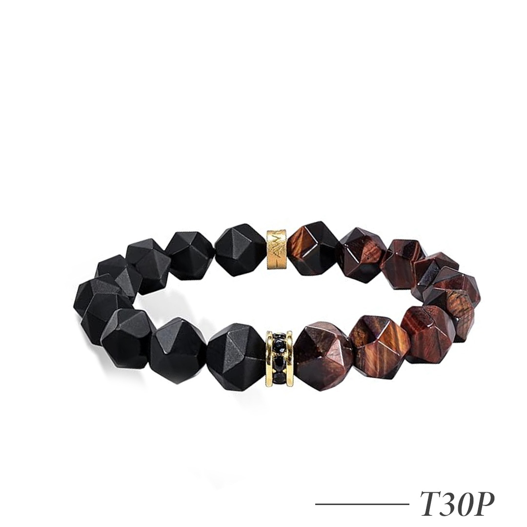 T30P-Men's Tiger Eye and Onyx Beaded Bracelet with Sterling Silver CZ Charm 10mm Stretch Bracelet