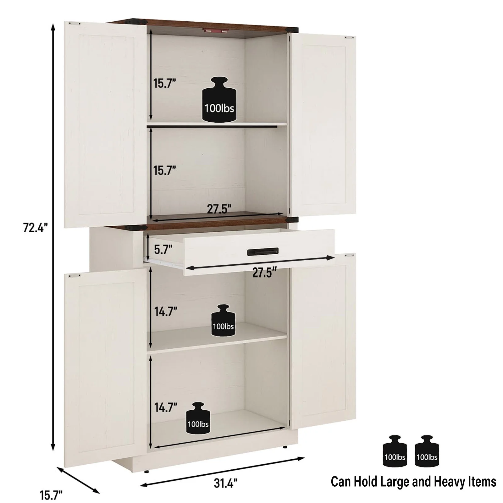 72" Tall Farmhouse Kitchen Pantry Cabinet w/1 Drawer & 4 Roomy Storage Shelves, Versatile Wood Storage Cabinet with 4 Barn Door & Adjustable Shelves &  for Dining Room Bathroom Utility Room
