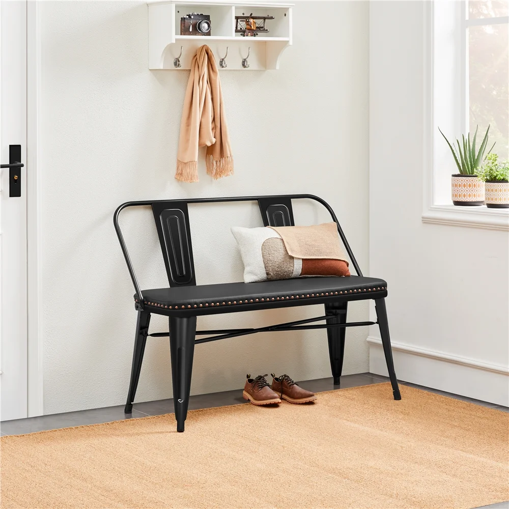 Alden Design Industrial Metal Dining Bench with Removable Backrest, Black