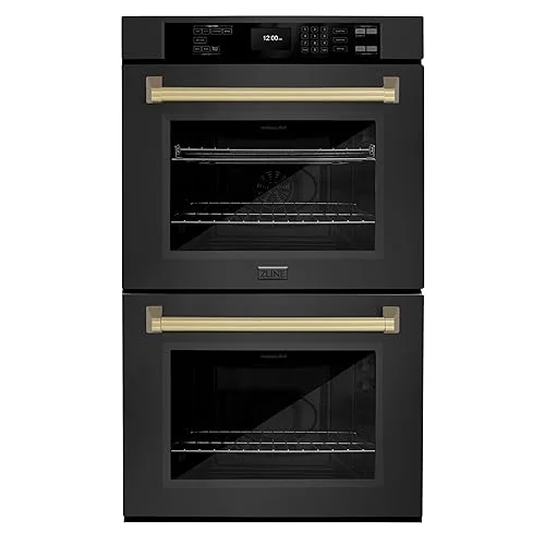 ZLINE 30 in. Autograph Edition Professional Convection Double Wall Oven with Air Fry and Self Clean in Black Stainless Steel with Champagne Bronze Handles (WADBZ-30-CB)