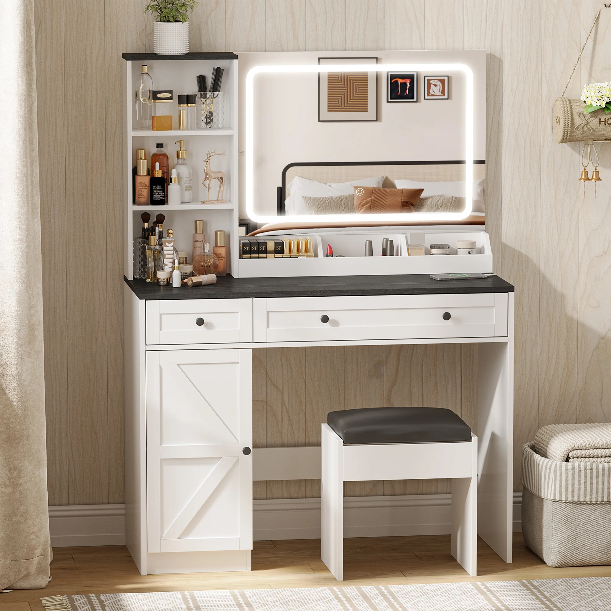 Vabches Vanity Set with Mirror and Lights, Modern Makeup Table with Storage Shelves & Drawers for Bedroom, White