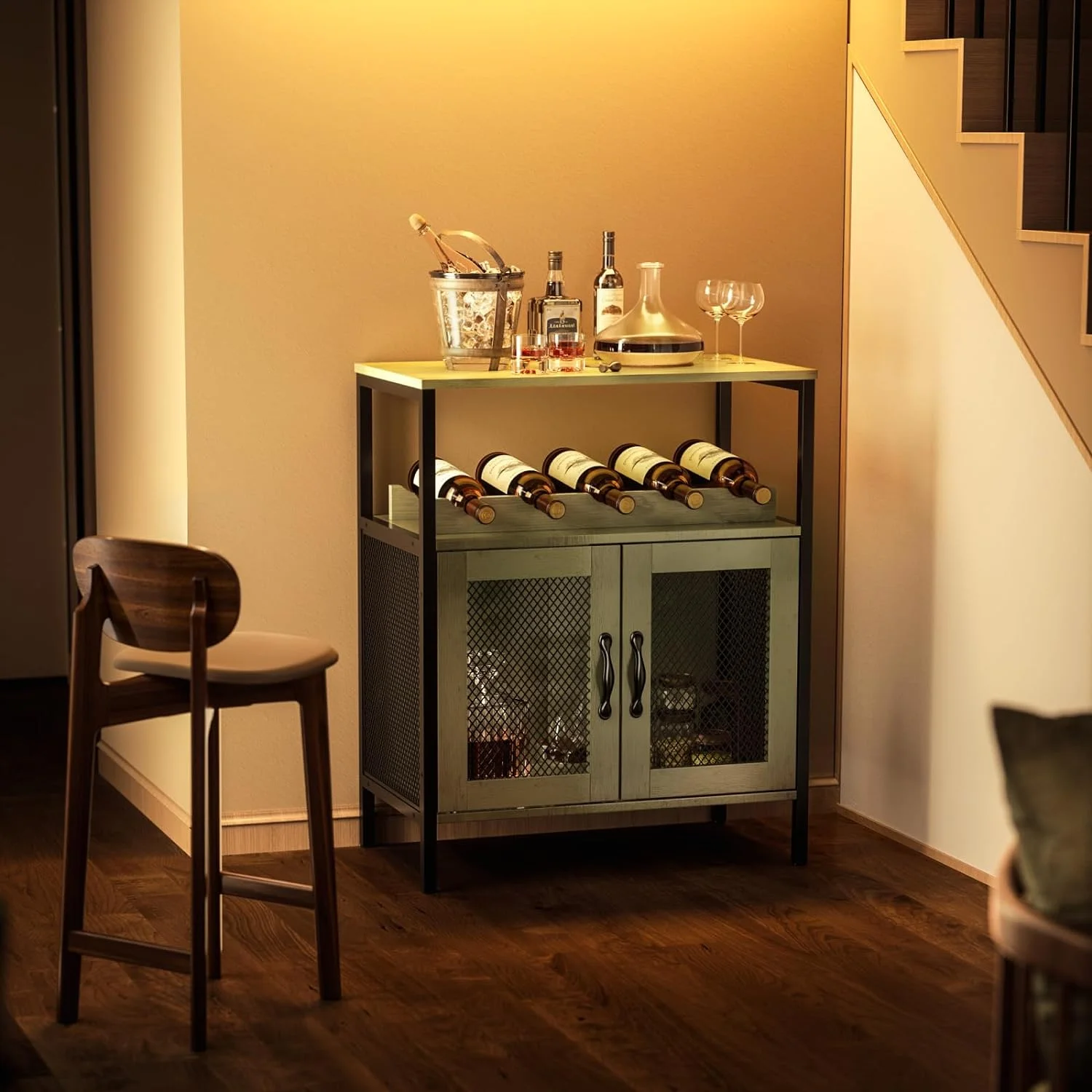 Wine Bar Cabinet, Industrial Liquor Cabinet with Wine Rack, Coffee Bar Cabinet with Metal Mesh Doors, Small Liquor Cabinet Bar for Home, Grey