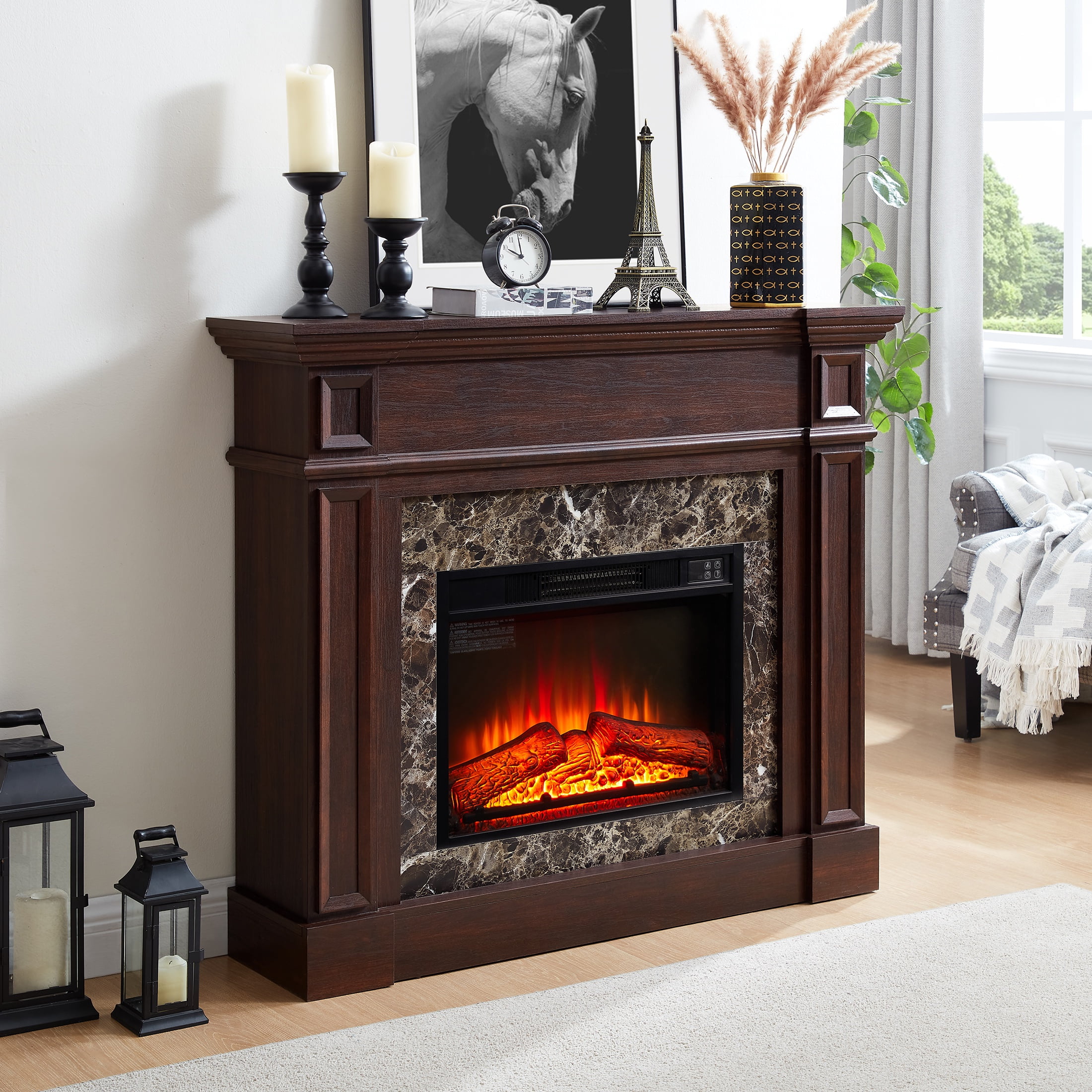 IMKHK Fireplace with Mantel, 46" Freestanding Electric Fireplace Heater with Stacked Stone Surround, TV Stand with Fireplace, Remote Control, Adjustable Flame Level for Living Room, 1400W, Brown
