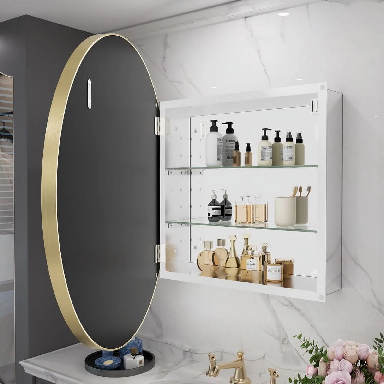 WallBeyond Bathroom Medicine Cabinet with Round Mirror Aluminum Framed 28", Gold