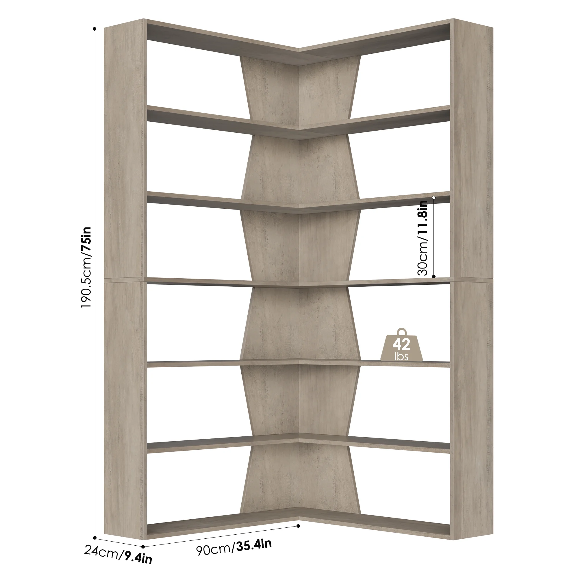 Homfa 6-Tier Corner Bookcase, L-Shaped Bookshelf with Baffle, Storage Display Rack for Office Living Room, Gray
