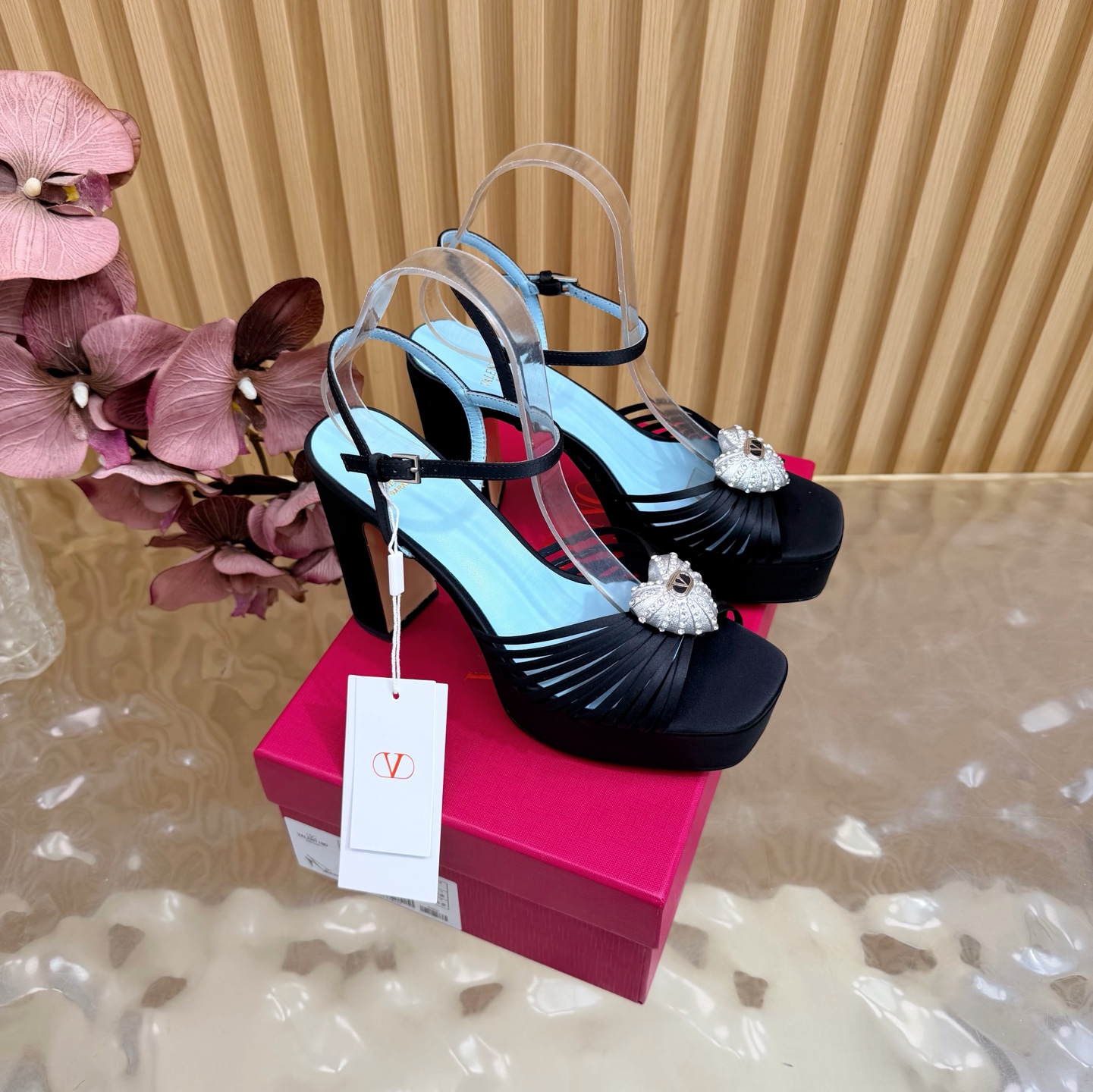 Valentino Garavani Black VLogo Crystal Brooch Satin Multi Straps Platform Square Toe Chunky Heel Sandals