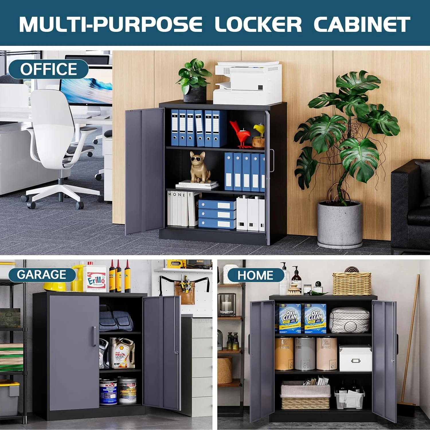 MIIIKO Metal Storage Cabinet with Locking Doors, Black Grey Lockable Steel Cabinets with 2 Doors and 2 Shelves for Home, Garage, Pantry Workshop Warehouse