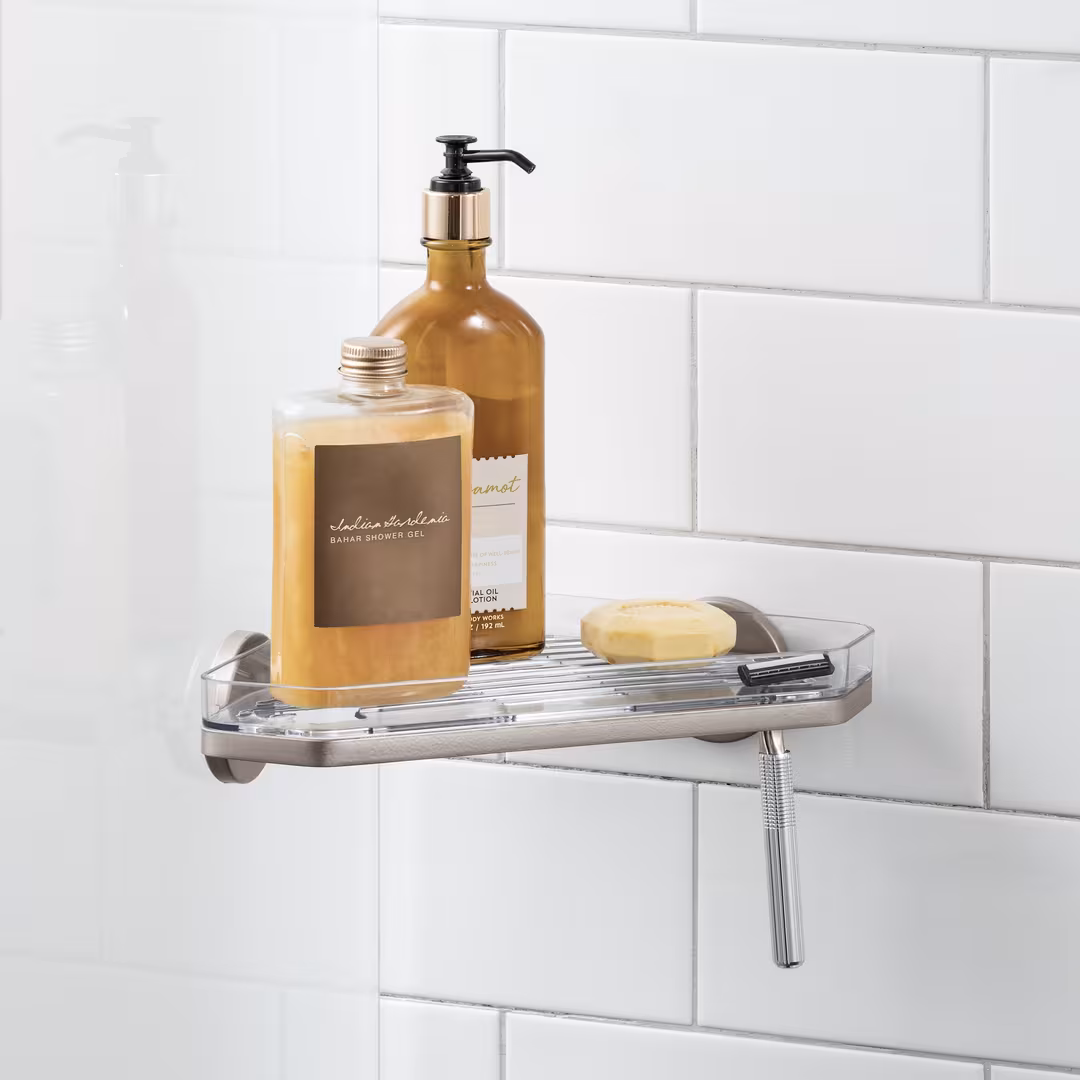 iDesign  Self-Adhesive Corner Shower Shelf with Razor Holder