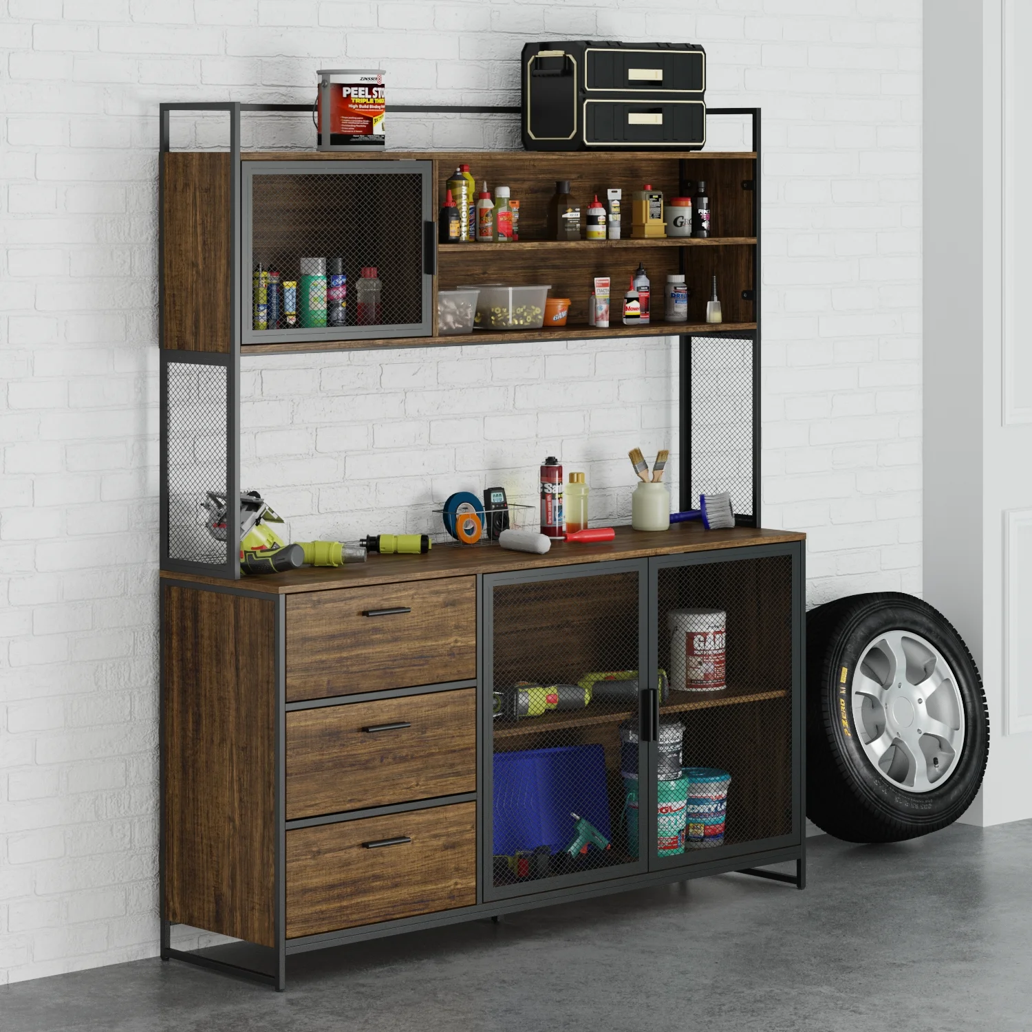 WIAWG Garage Cabinet with 3 Drawers and Metal Mesh Door, Industrial Mutifunctional Tool Storage Cabinet for Warehouse, Basement, Home Office (Walnut)