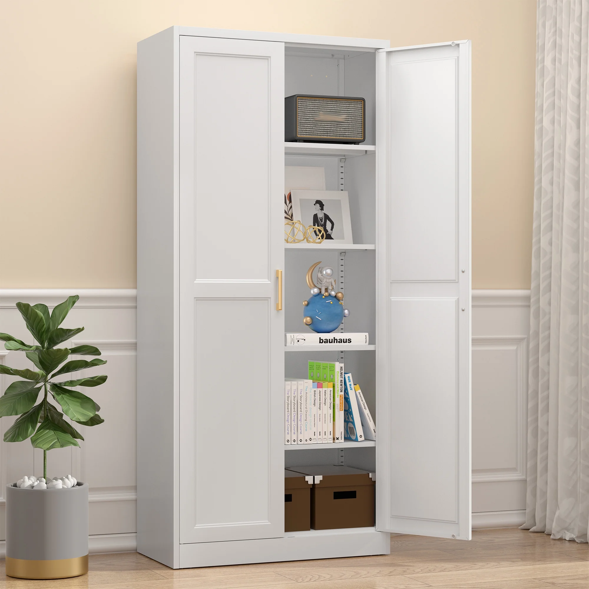 Polup 71" Height Modern Metal Pantry Storage Cabinet with Doors and Adjustable Shelves White for Living Room Kitchen and Home