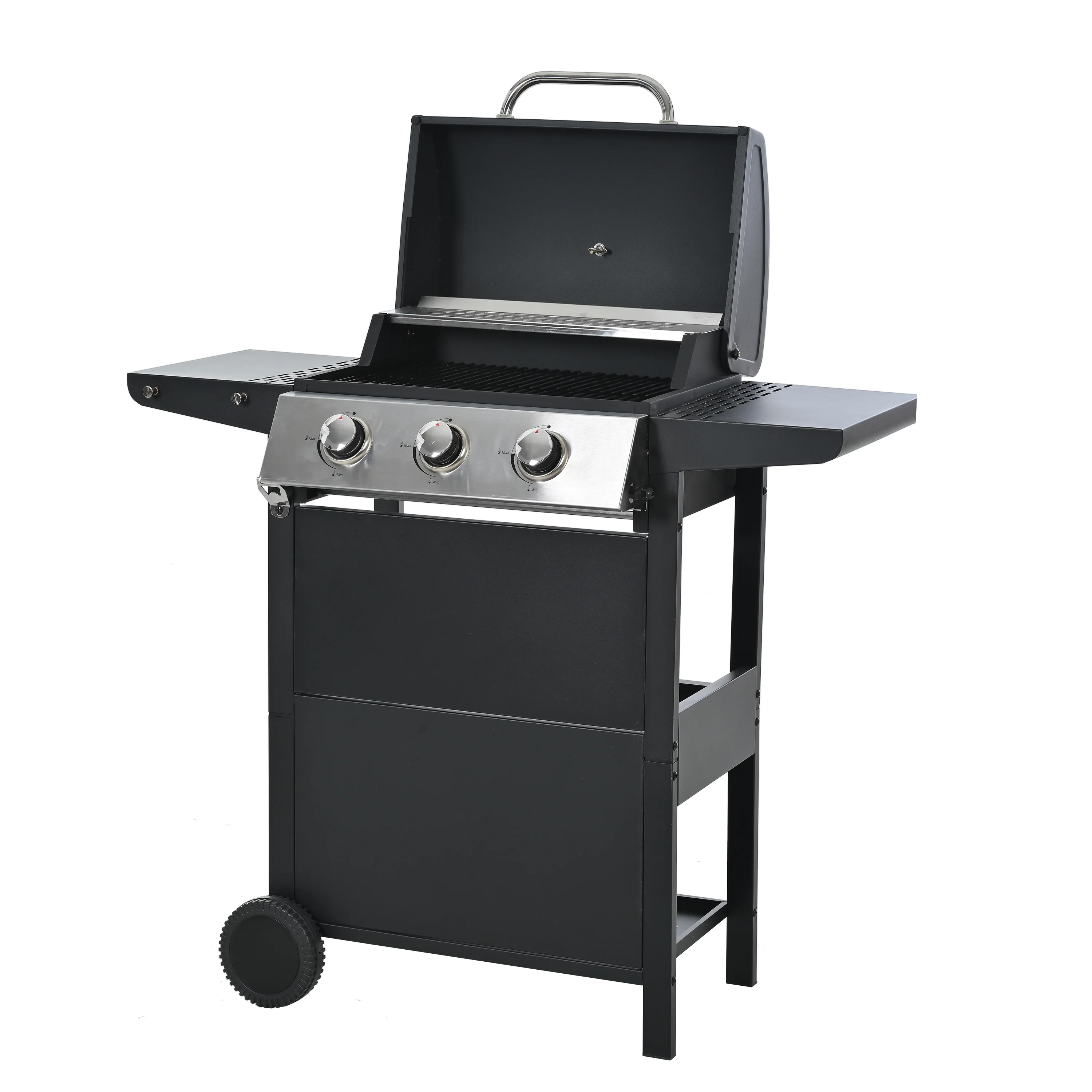 3 Burner BBQ Propane Gas Grill, Stainless Steel 30,000 BTU Patio Garden Barbecue Grill with Two Foldable Shelves