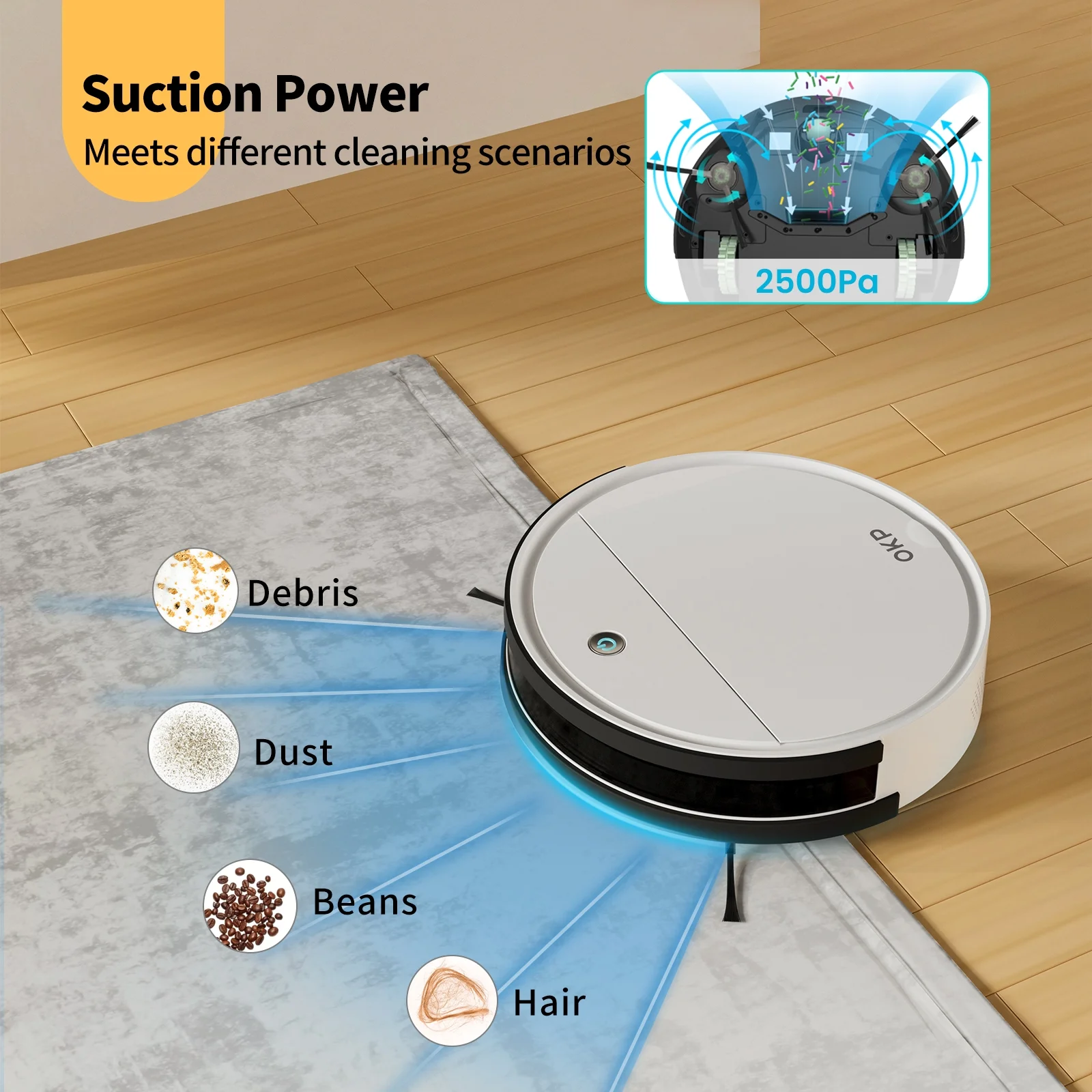 OKP Robot Vacuums with Mop Combo and Remote Control, 2 IN 1 Cleaning and Mopping, Wi-Fi Connectivity, Alexa/APP, Self-Charging Robotic Vacuum Cleaner for Home, Pet Hair, Carpets, and Hard Floors