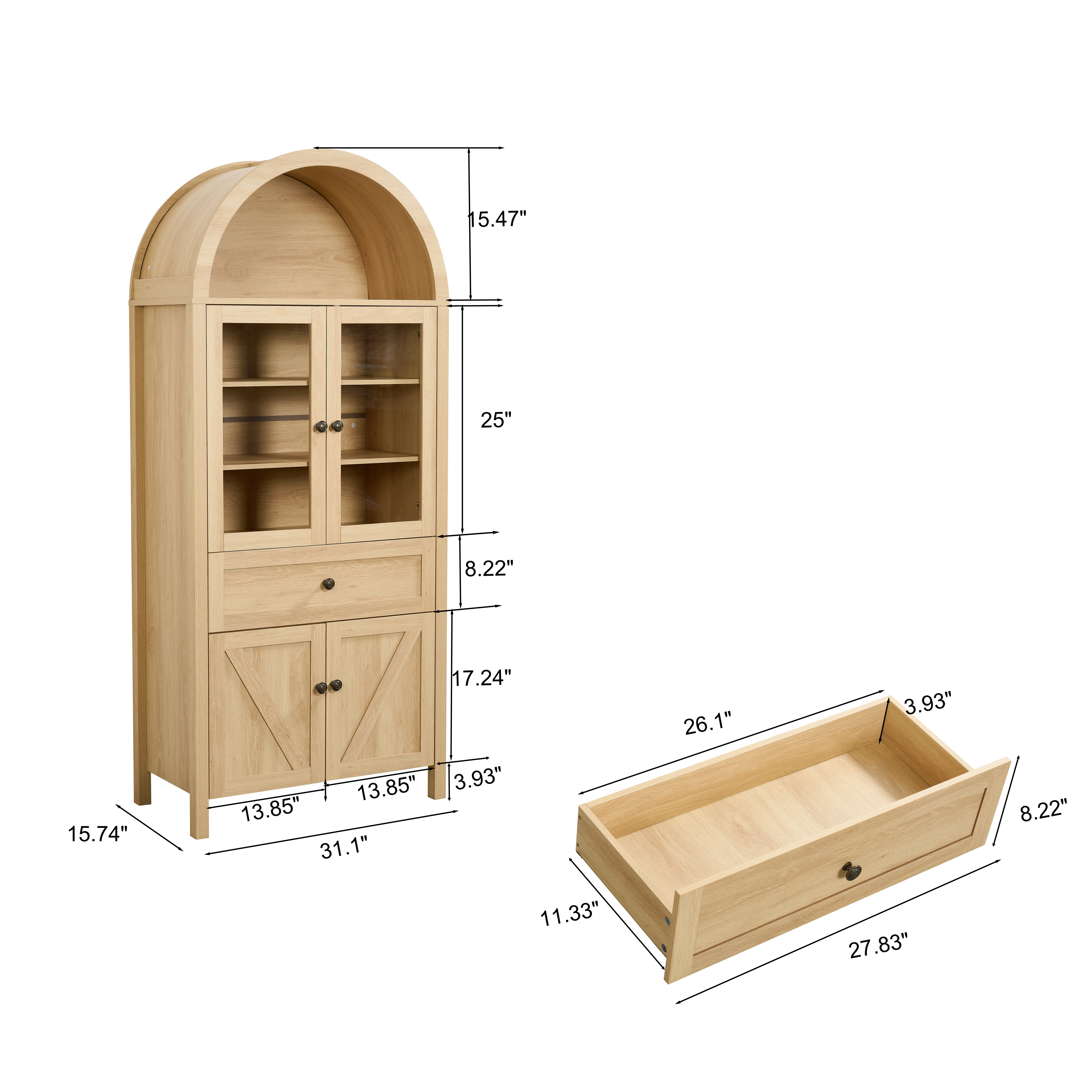 Aukfa Retro Wood Storage Cabinet, Arched Tall Kitchen Pantry with Bookshelf & Sideboard,Natural