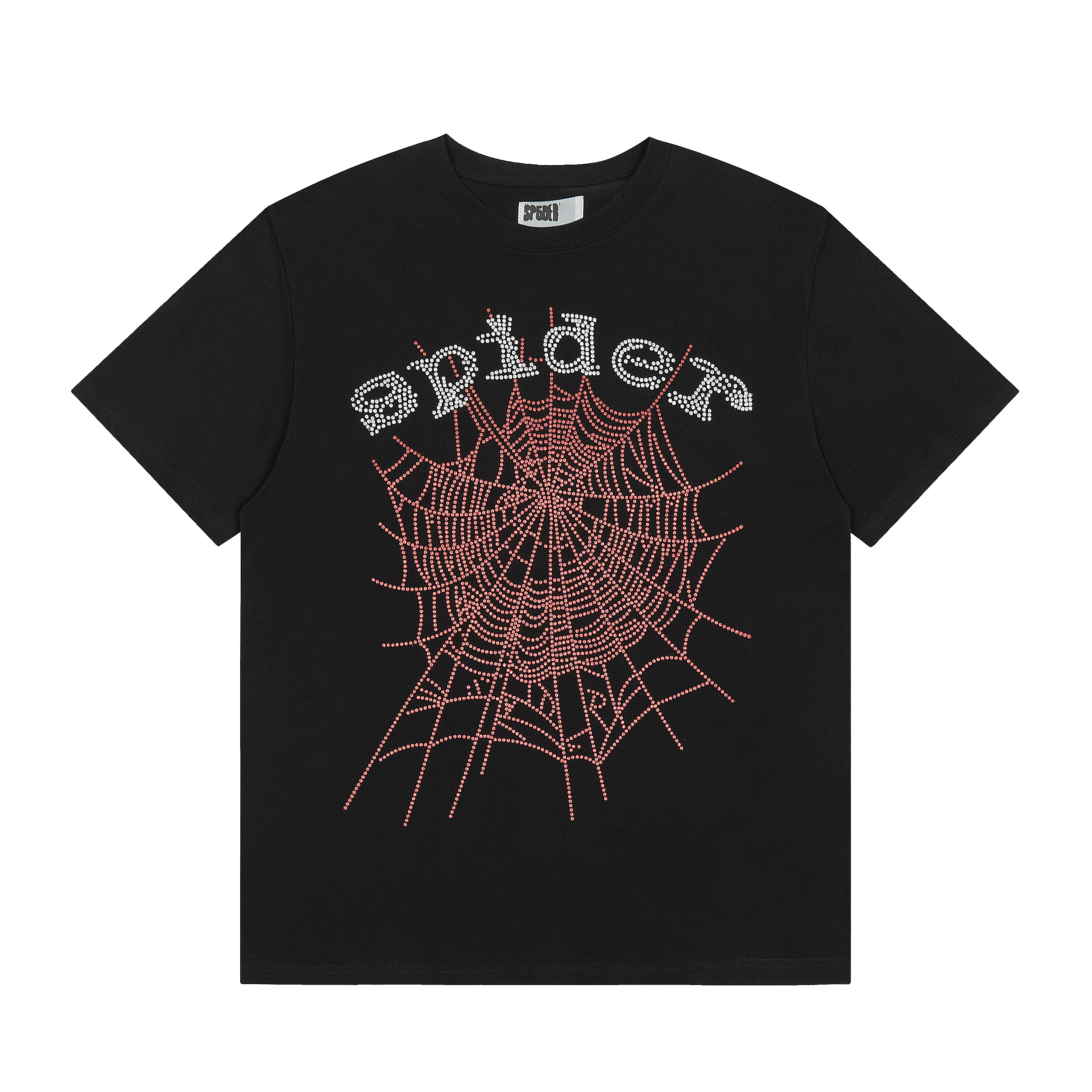Red spider web pattern short-sleeved shirt with rhinestone embellishments