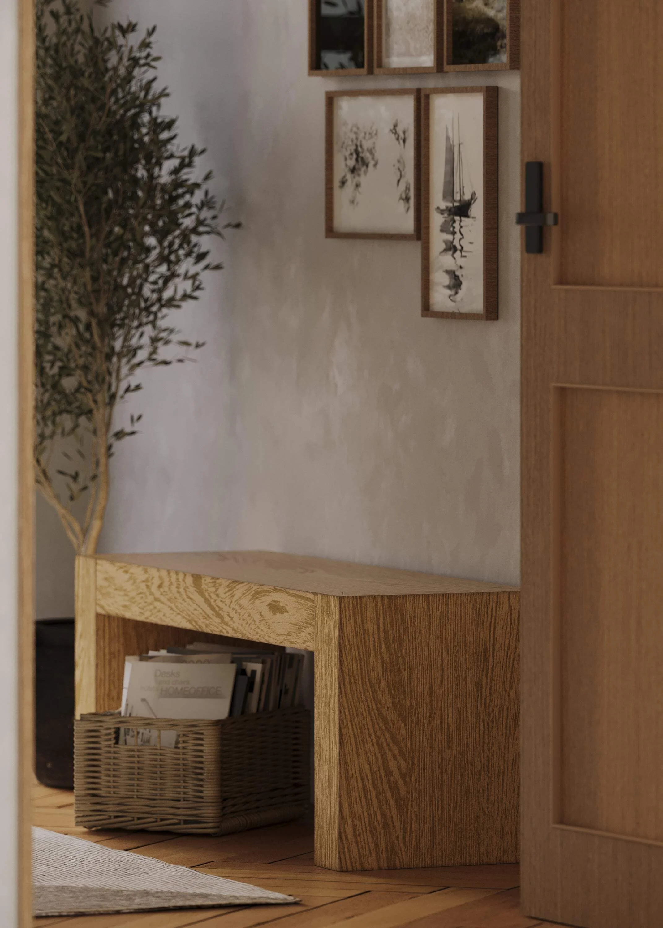 Maven Lane Zeno Contemporary Wooden Bench in Weathered Natural Finish