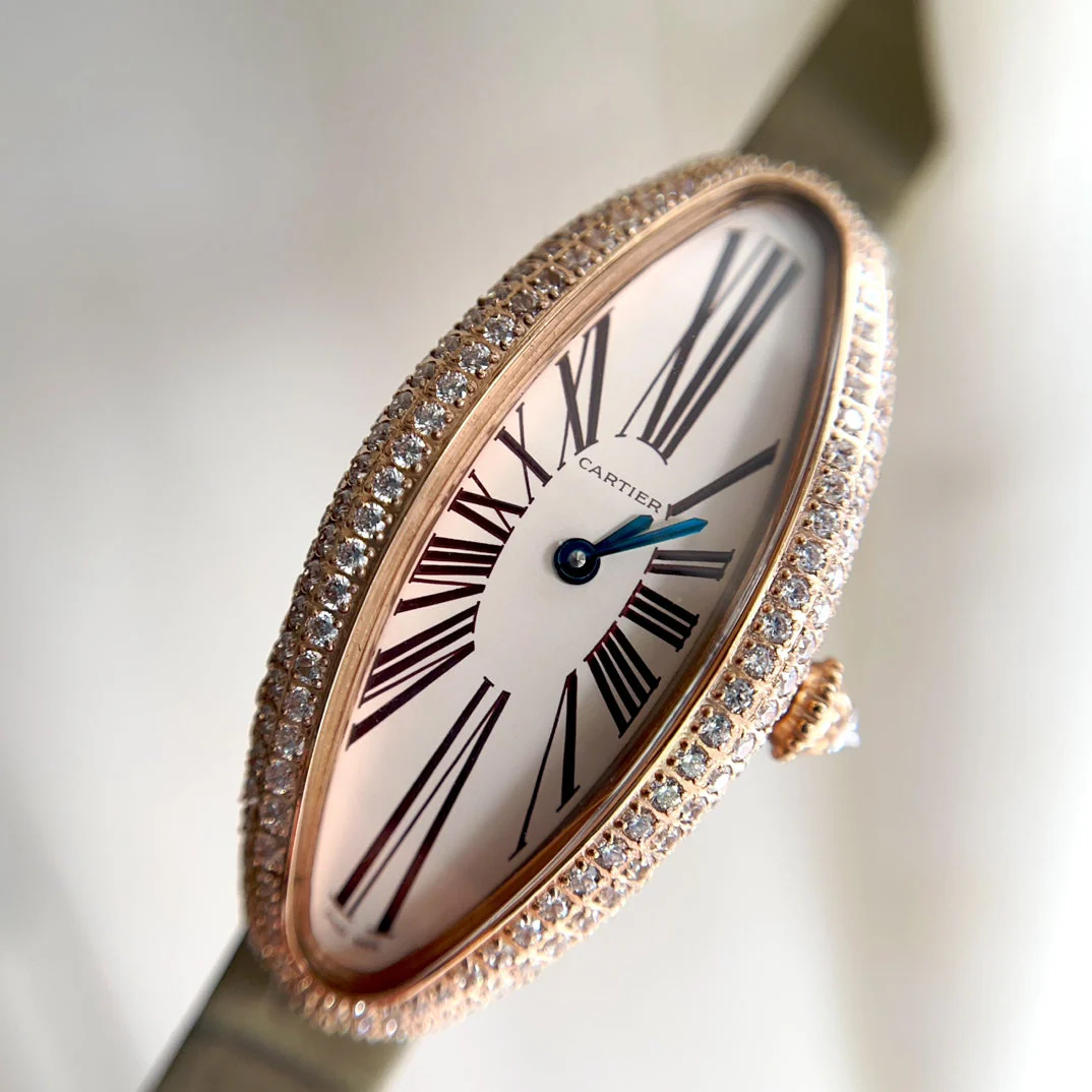 Cartier Watch Vintage Baignoire 21mm Pink Gold Diamond Case Khaki Leather