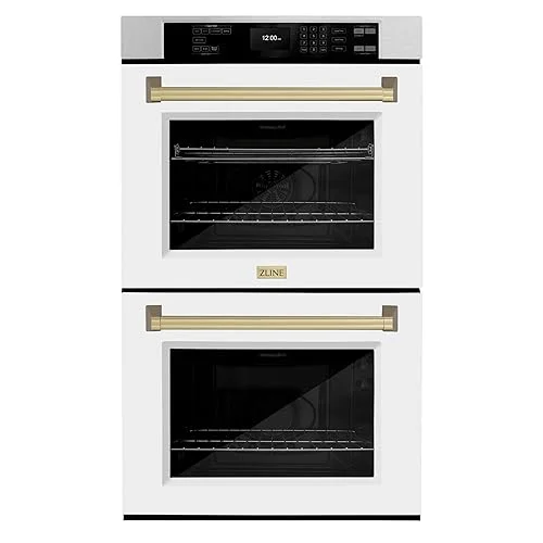 ZLINE 30 in. Autograph Edition Professional Convection Double Wall Oven with Air Fry and Self Clean in DuraSnow Stainless Steel with White Matte Doors and Champagne Bronze Handles (WADSZ-WM-30-CB)
