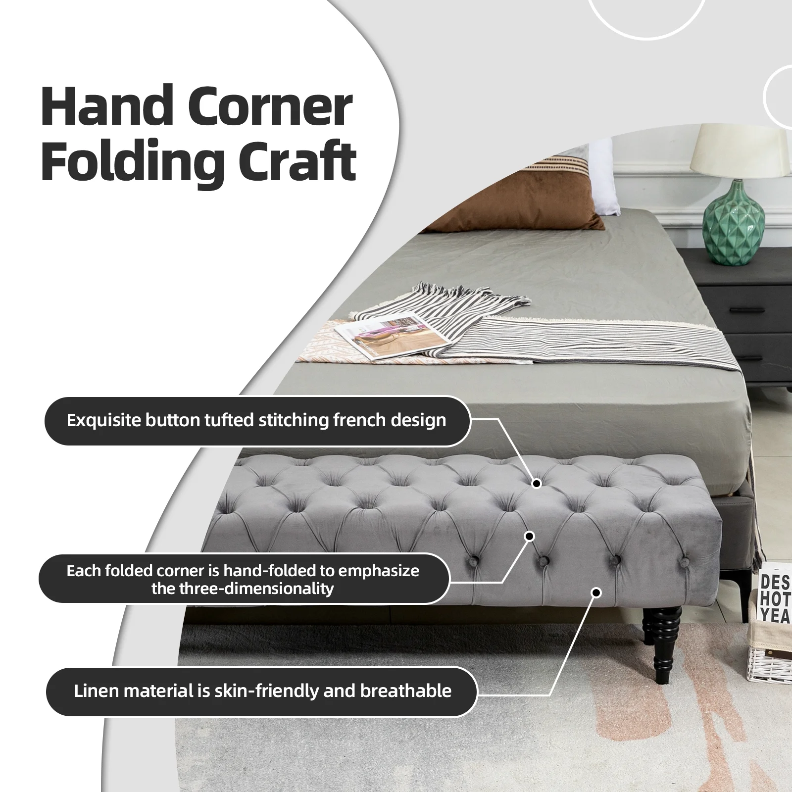 AVAWING Rectangular Corduroy Upholstered Tufted Bedroom Bench, Gray