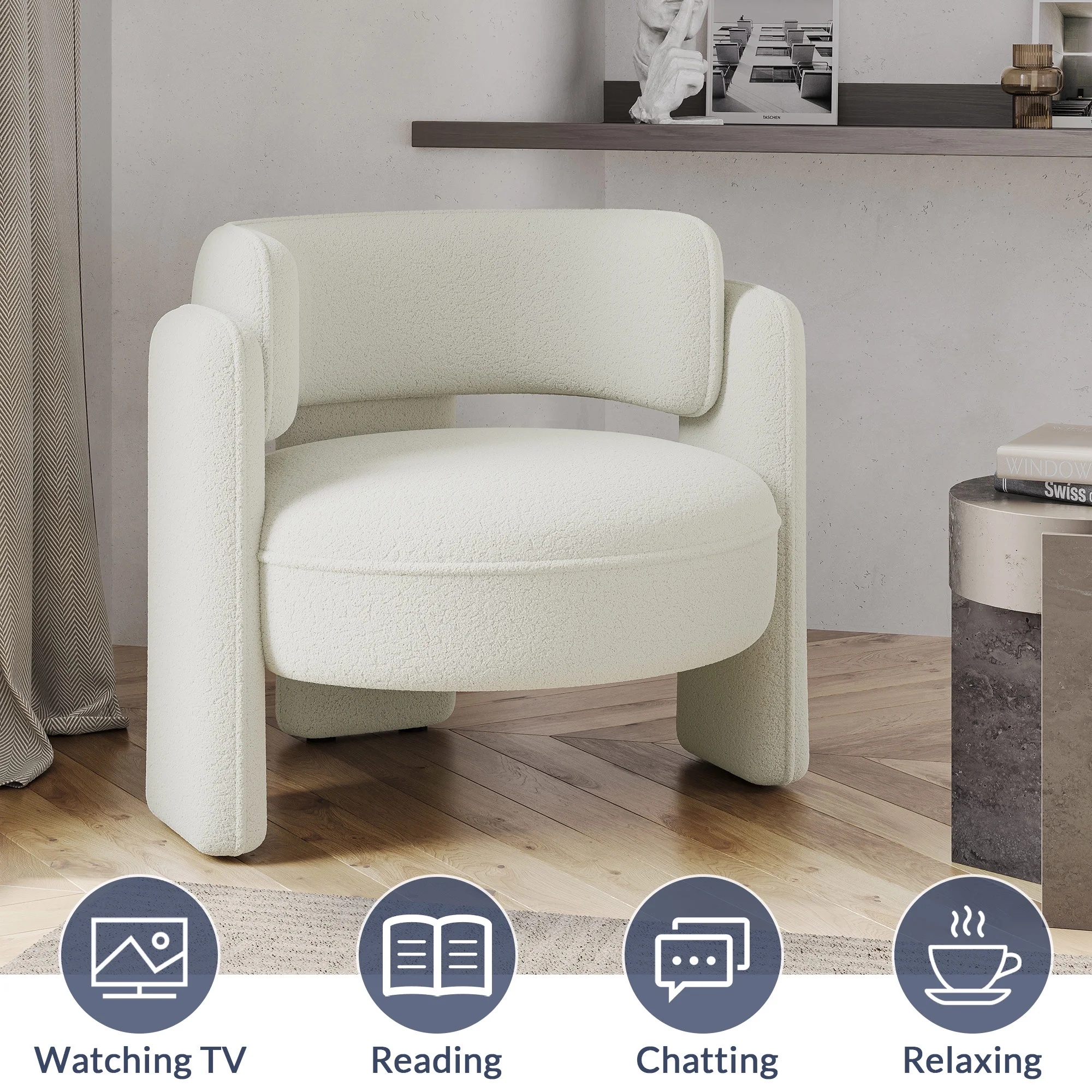 BELLEZE Sherpa Boucle Chair, Modern Barrel Accent Chair Comfy Round Upholstered Armchair Accent Side Chair for Living Room, Bedrooms, Corner - QuintonWhite