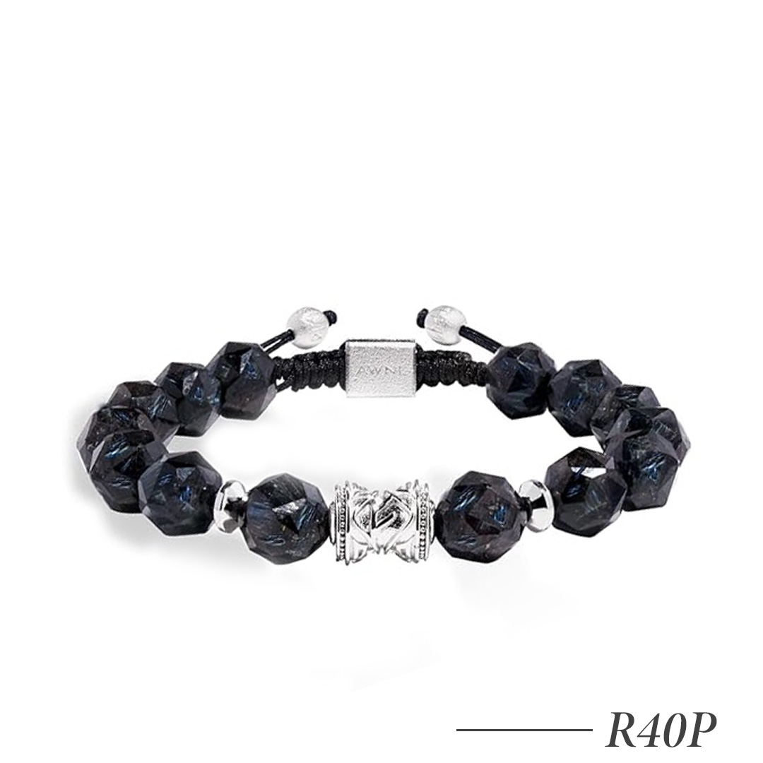 R40P-Men's Nuummite Beaded Bracelet with Sterling Silver Engraved Charm 10mm Braided Bracelet