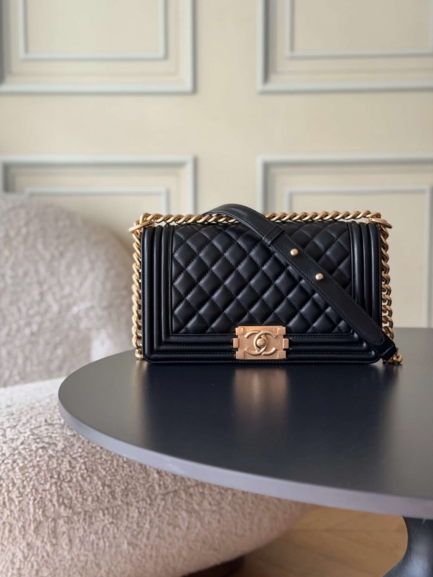 Chanel Le Boy Medium 25CM Quilted Caviar & Smooth Leather Chain Flap Shoulder Bag /10A