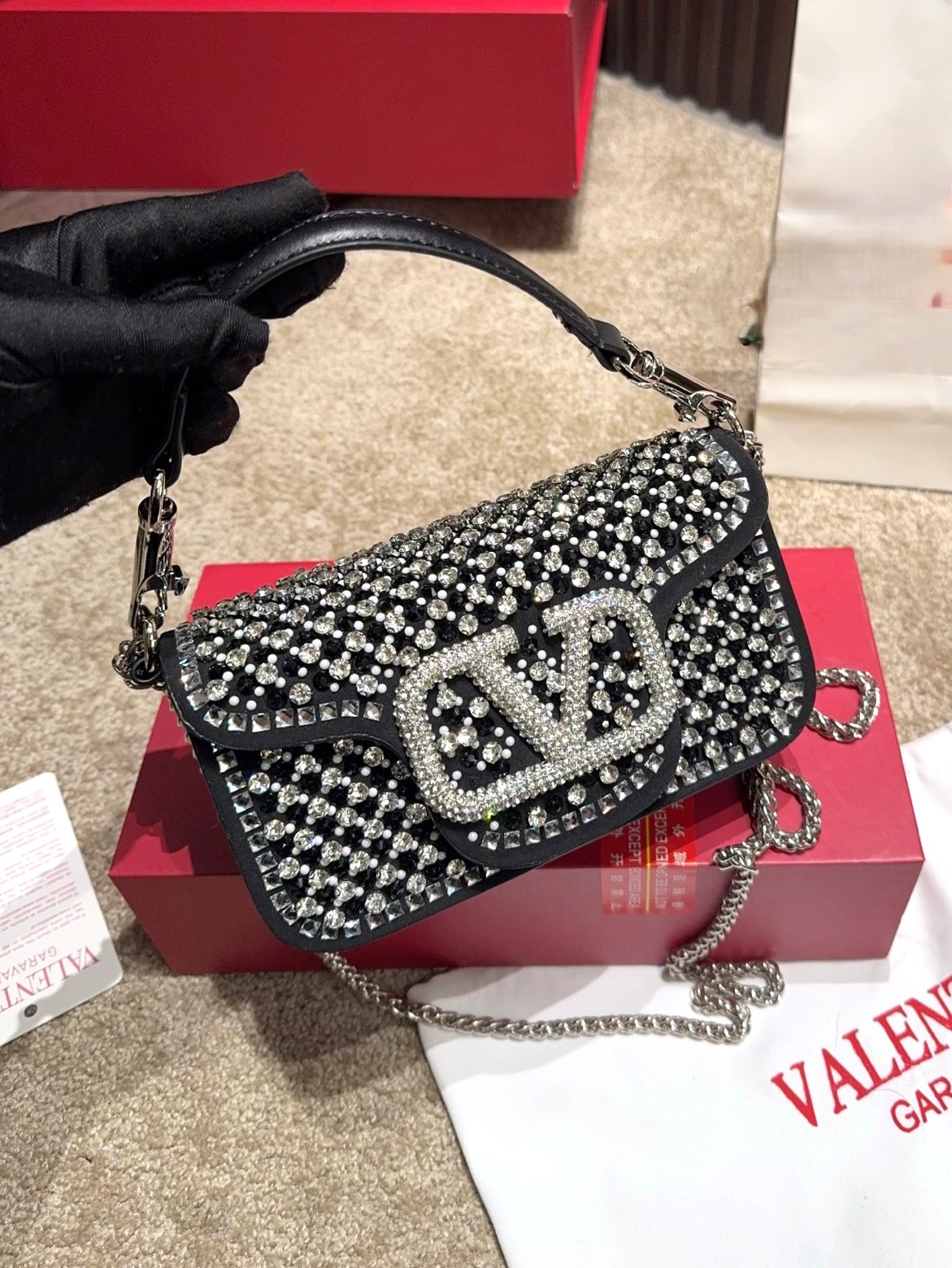 Valentino Garavani Loco Black Suede All-over Crystal VLogo Flap Chain Rectangular Shoulder Bag