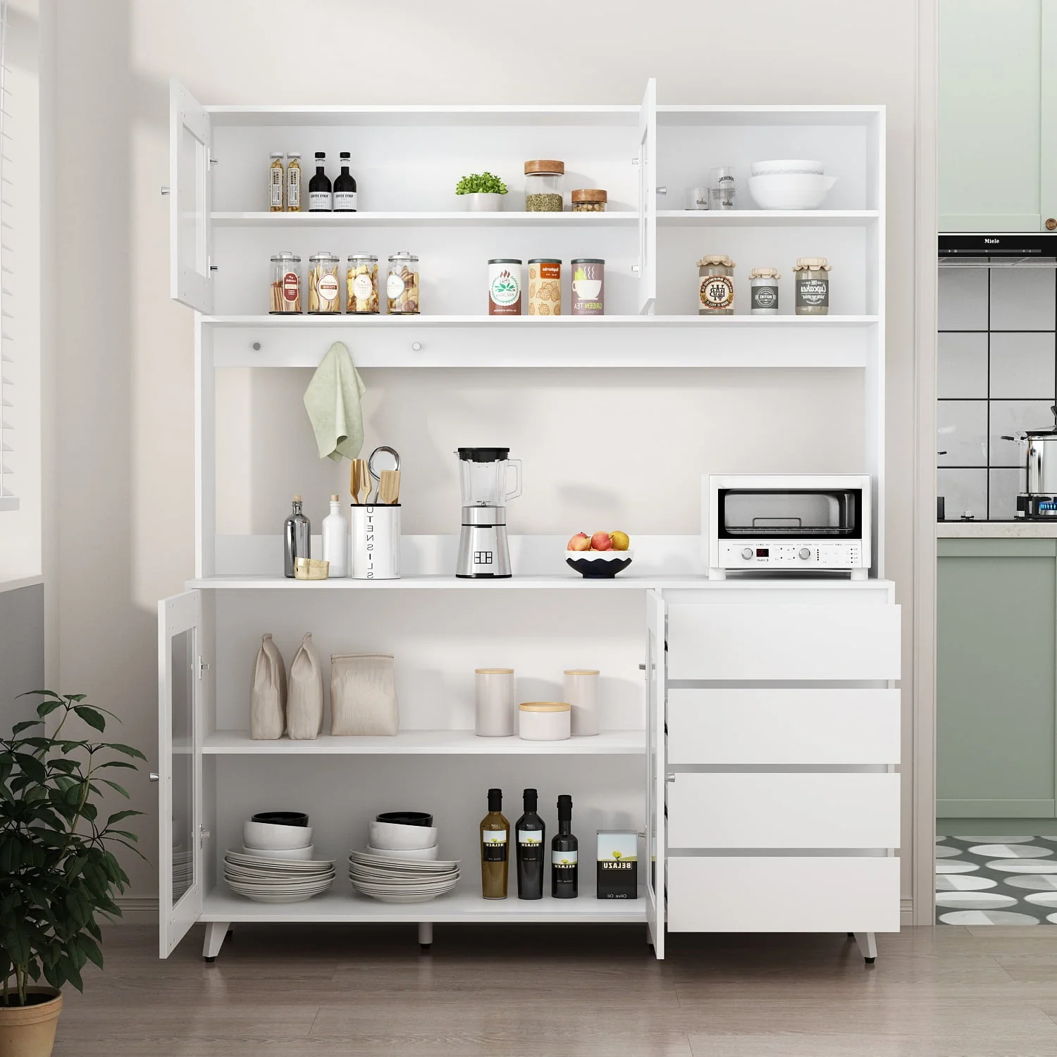 FUFU&GAGA Kitchen Pantry with 4 Drawers and Hutch,Kitchen Baker's Rack Buffet Storage Cabinet Microwave Stand, White