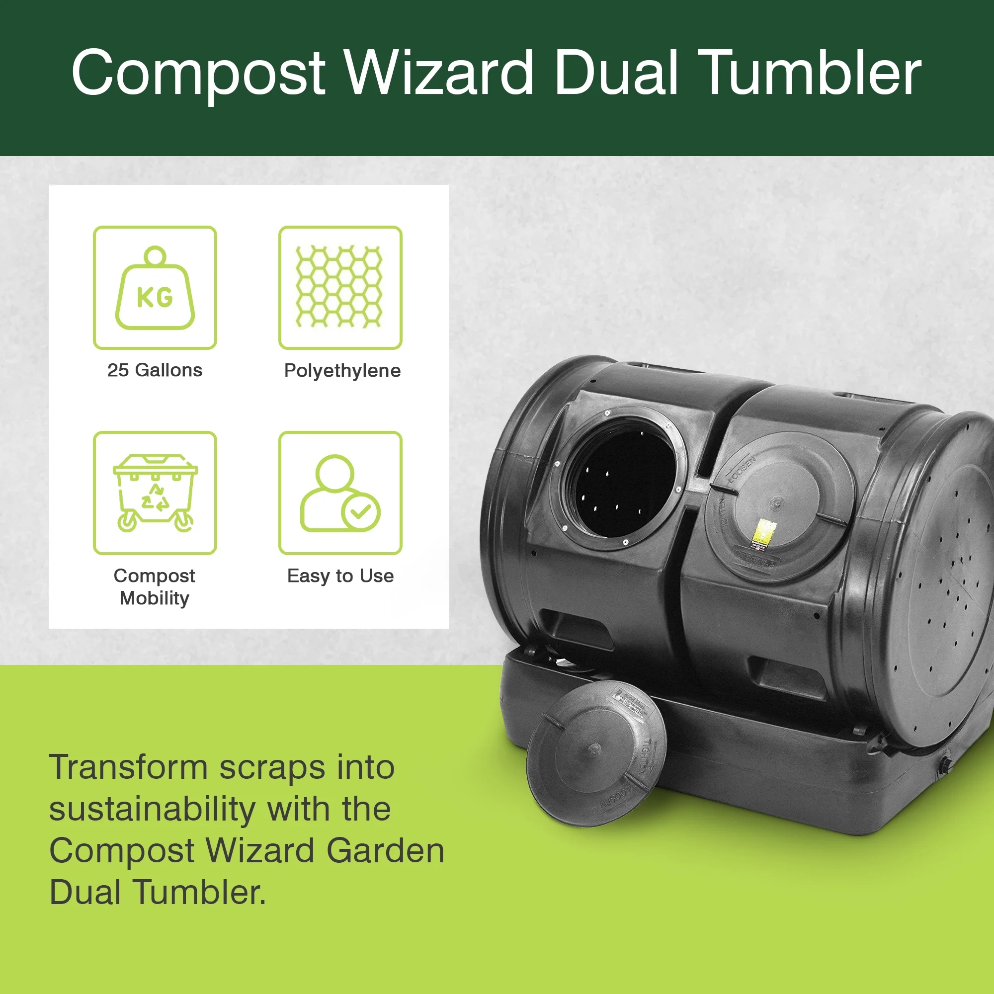Good Ideas Compost Wizard Outdoor Dual Tumbler Compost Container, Black
