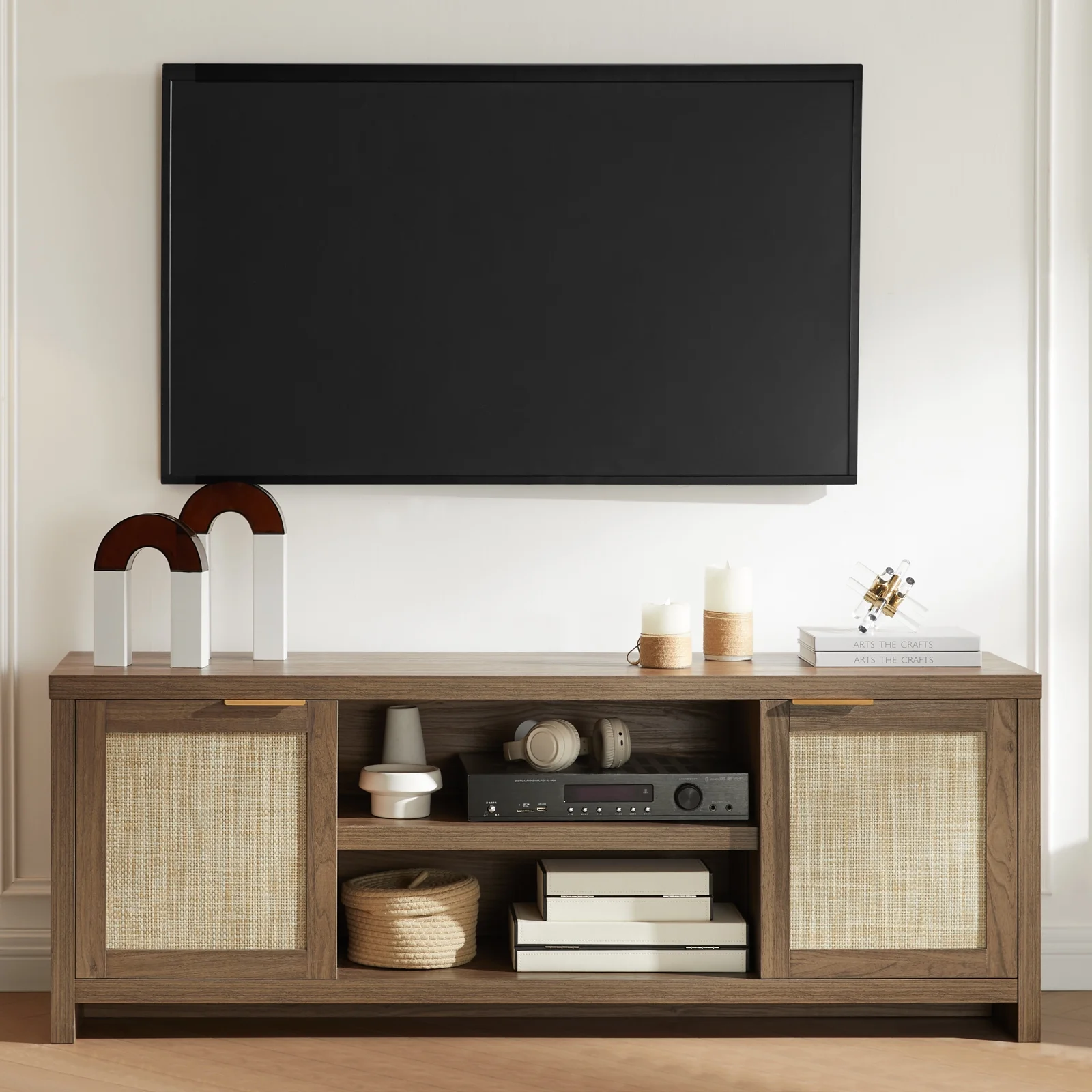 OAKHAM Rattan Tv Stands for 65 Inch Tv, Modern Farmhouse Entertainment Center, TV Console Table with Storage, Wood Media Console with Cabinet, Special Walnut