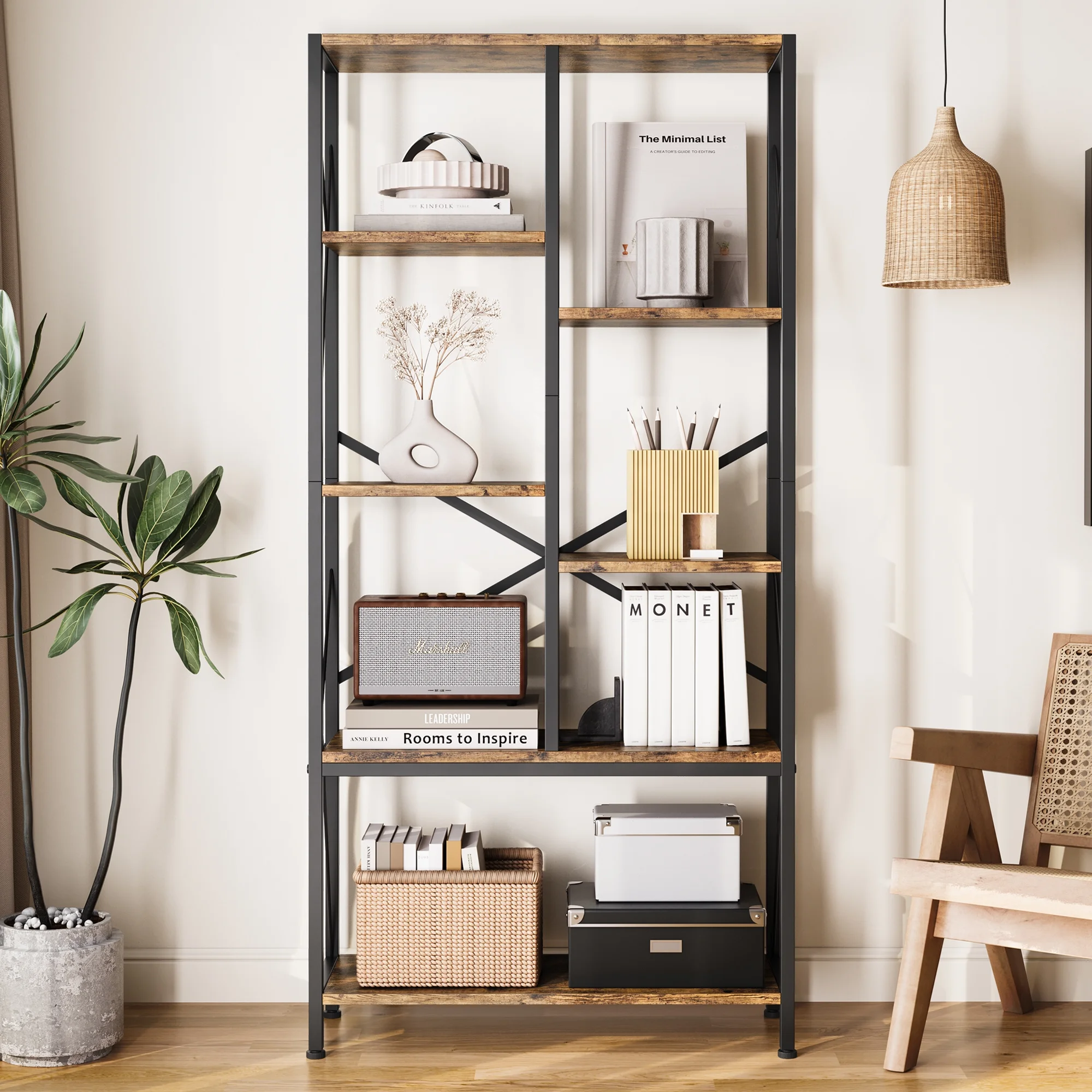 M optimized Industrial Bookshelf Vintage Storage Bookcase Tall Standing Metal Frame Open Display Racks Large Book Shelf