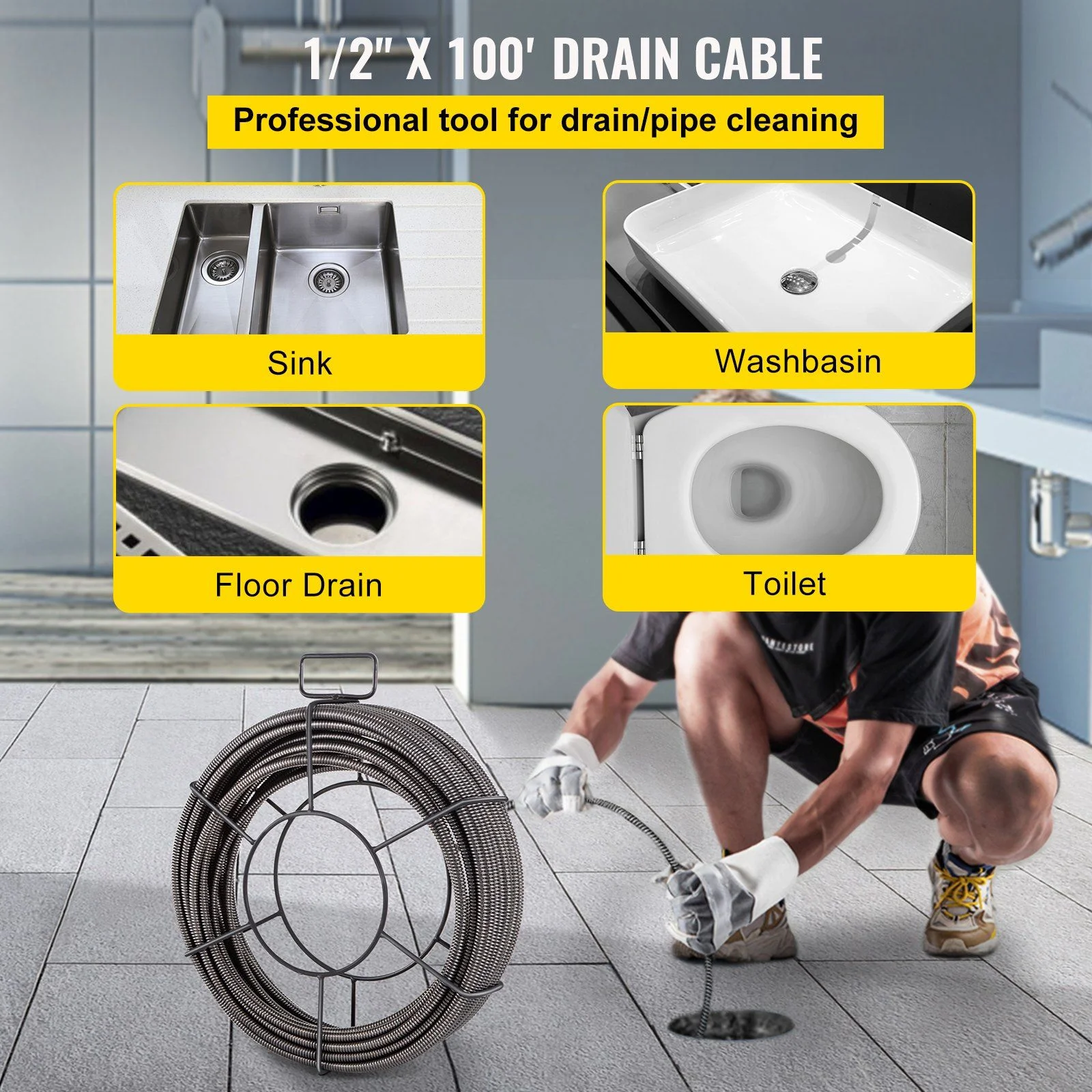 1/2 x 100ft Solid Drain Spiral Cable - Heavy Duty Serpentine Pipe for Kitchen/Bathroom Sink Clogged, Sewer Cleaning Tool