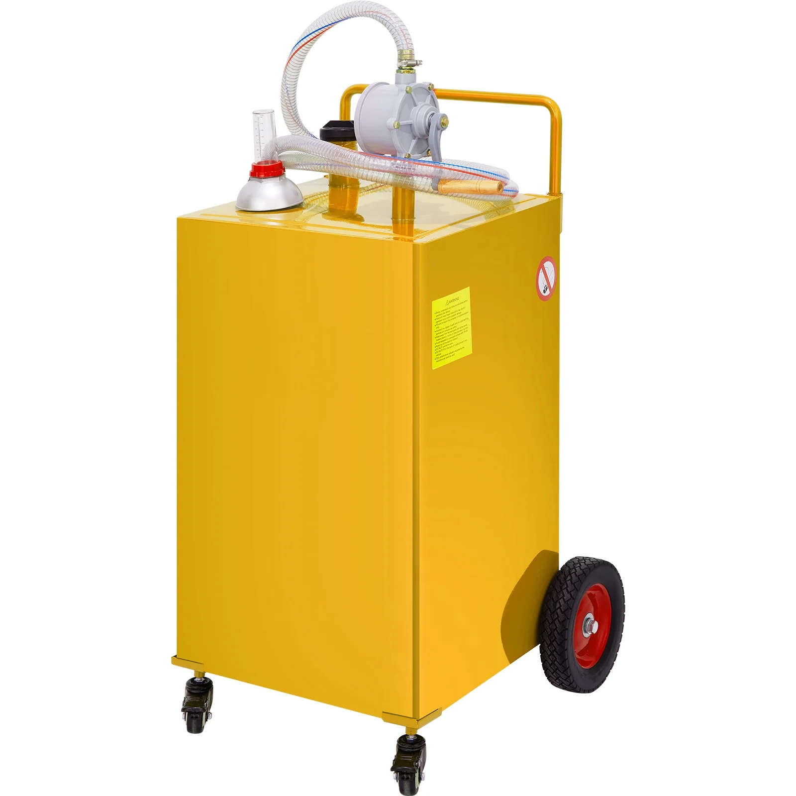 SKYSHALO Fuel Caddy, 30 Gallon, Gas Storage Tank & 2 Wheels, with Manuel Transfer Pump, Gasoline Diesel Fuel Container for Cars, Lawn Mowers, ATVs, Boats, More, Yellow