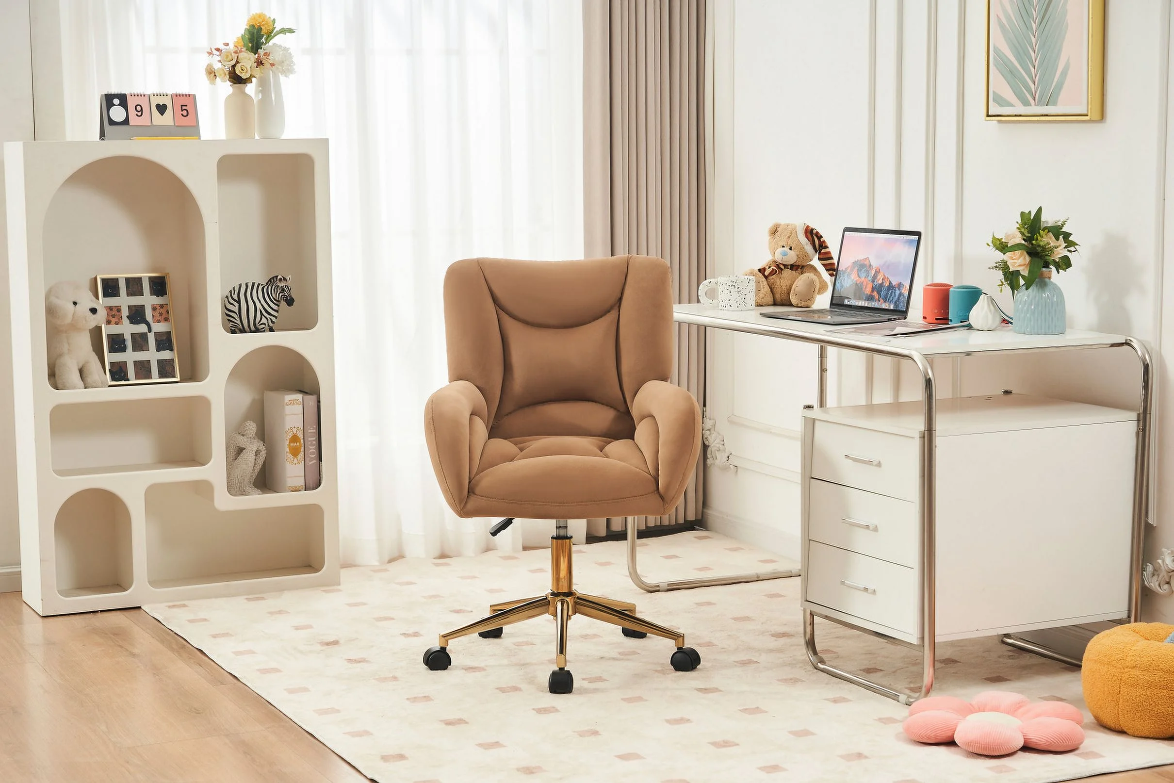 Velvet Office Chair with Gold Metal Base, 360 Swivel Rolling Desk Chair with Arms, Modern Upholstered Vanity Chair for Bedroom Living Room Office