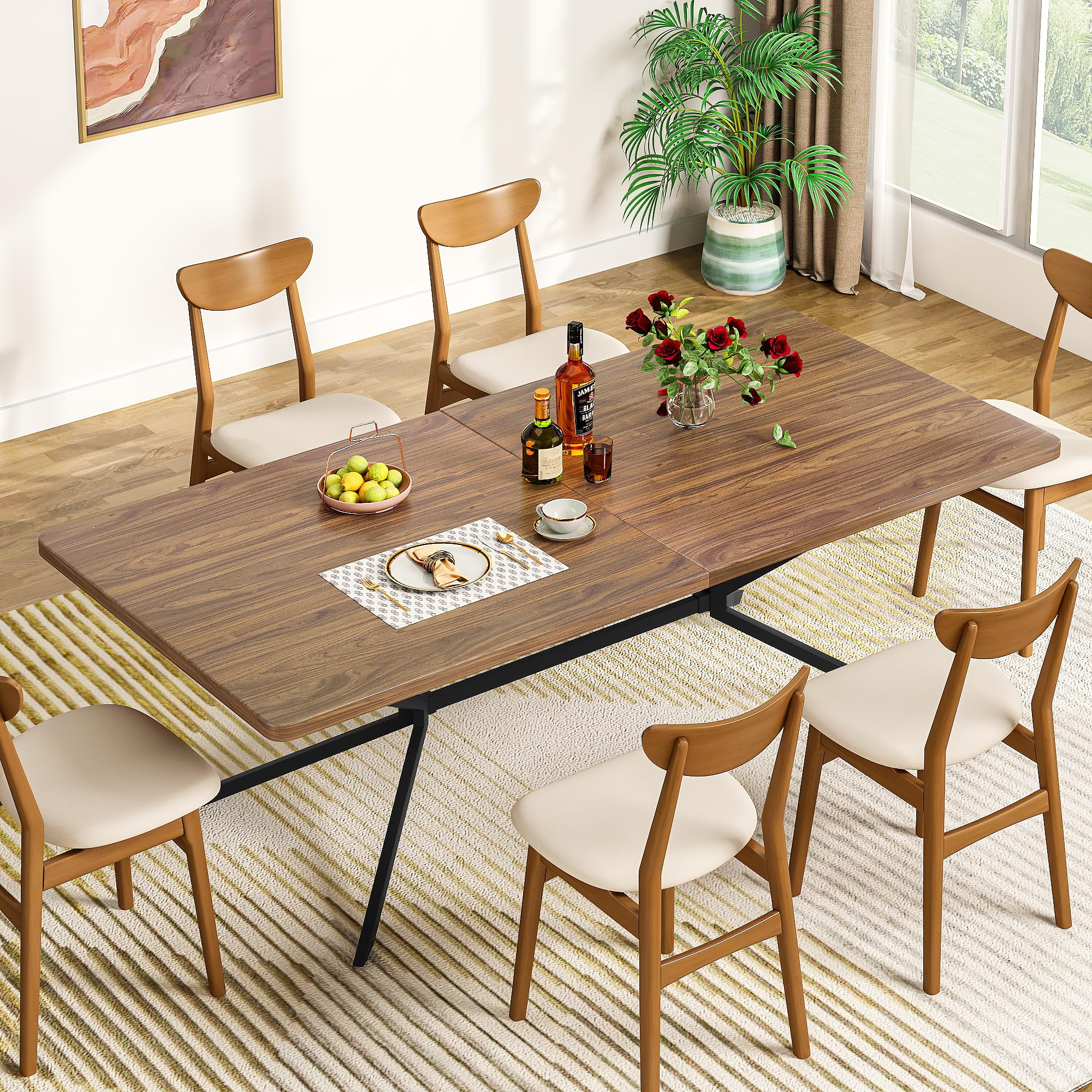 Baxluxe Mid Century Modern Dining Table 70.8 Inch, 6-8 Person Rectangular Kitchen Table with X-Shaped Metal Legs, Wooden Surface Coffee Tables for Living Room, Dining Room, Breakfast Nook, Brown