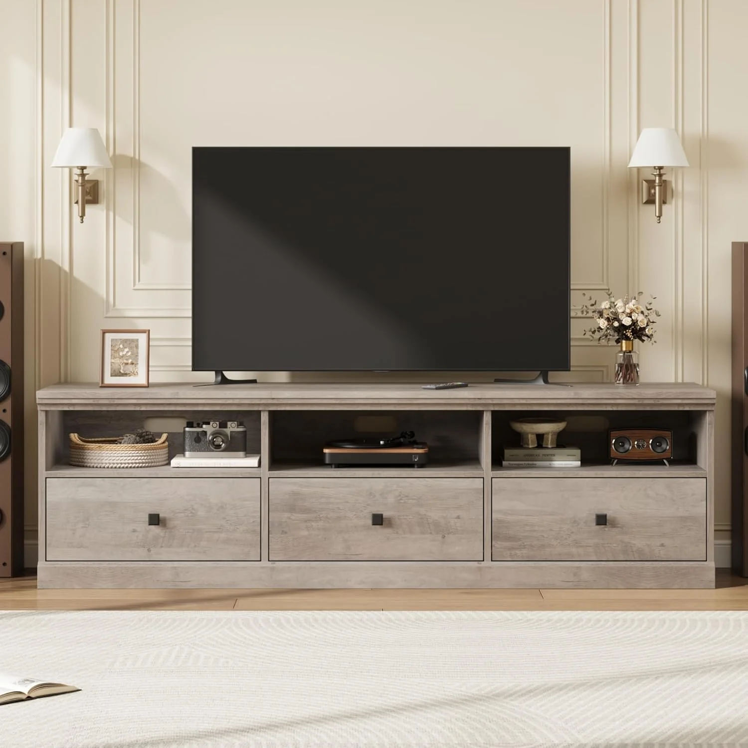 Homhougo TV Stand for 75 Inch TV, Mid-Century Modern Entertainment Center with Storage Drawer,70" TV Console Media Cabinet with Open Shelves, for Living Room, Gray