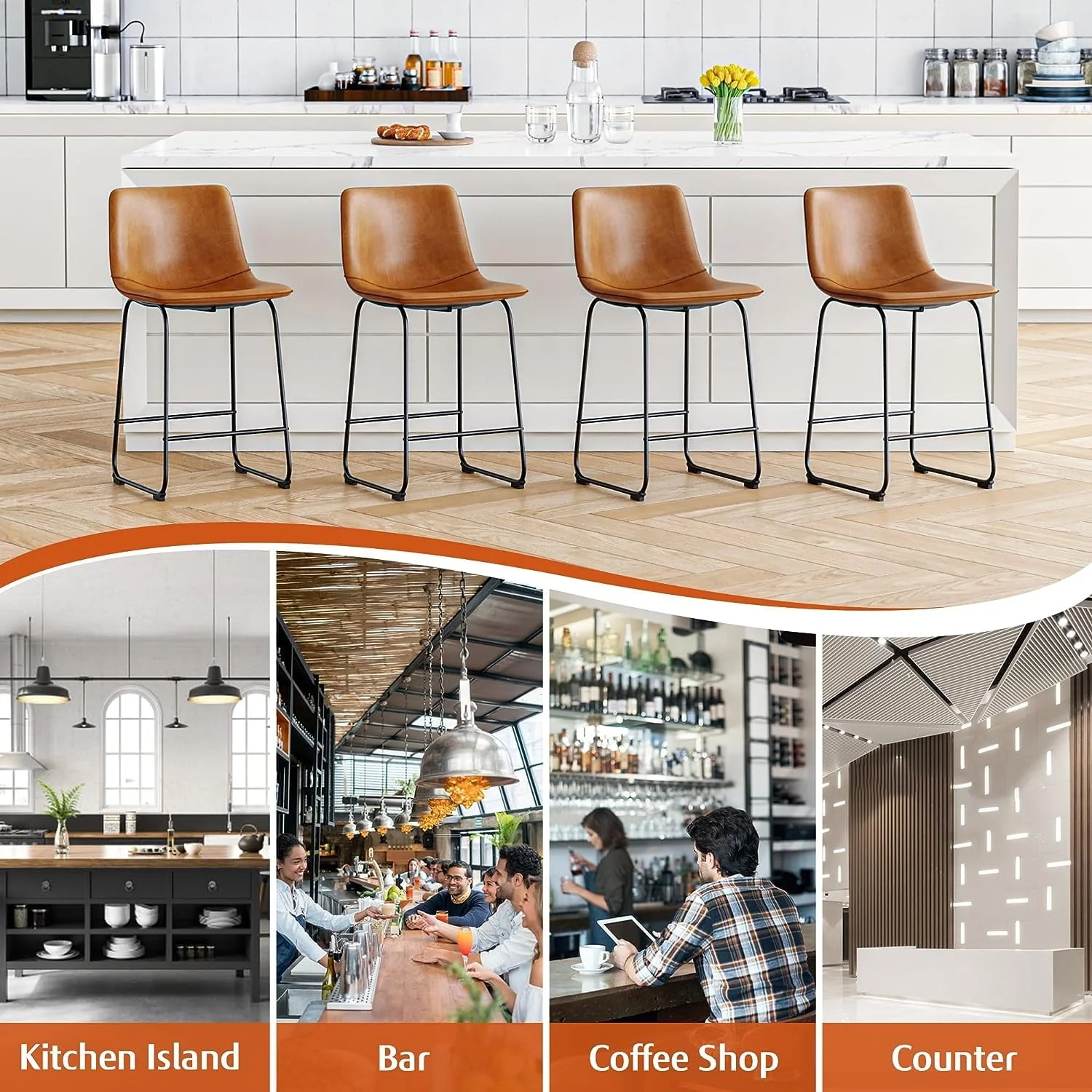 YaFiti Barstools 26'' PU Leather Counter Height Bar Stools Set of 4 with Back Modern Armless Chairs with Footrest and Metal Legs for Kitchen Living Room Pub, Brown
