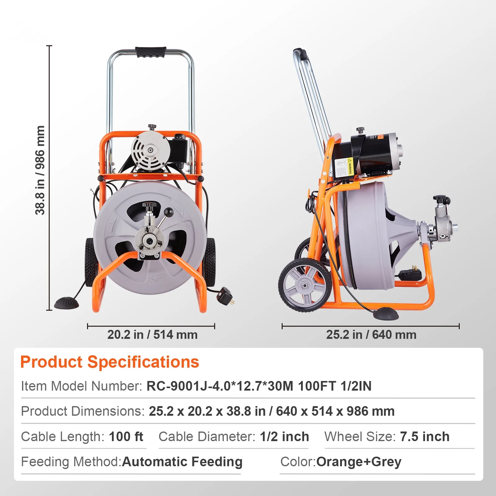 KFFKFF Drain Cleaning Machine, 100FT x 1/2 Inch, Self-feeding, Mobile Drain Auger with 8 Blades & Pneumatic Foot Pedal, Ideal for 2"-4" Pipes