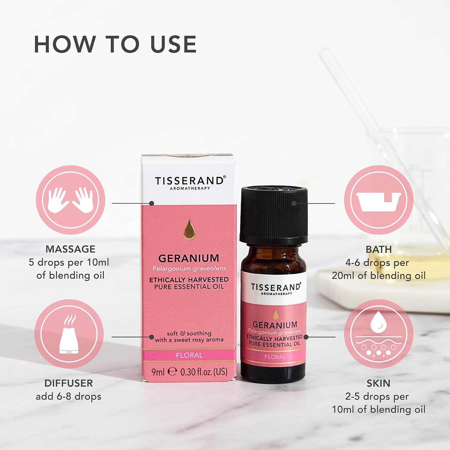 Tisserand Geranium Ethically Harvested Essential Oil - 9ml | Balancing Geranium Aroma, 100% Natural Pure Essential Oils, Uncompromising Quality, Certified Vegan