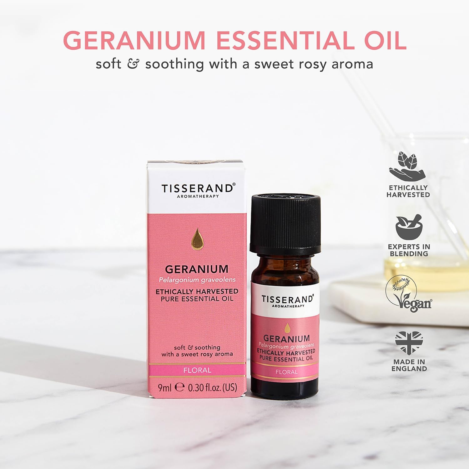 Tisserand Geranium Ethically Harvested Essential Oil - 9ml | Balancing Geranium Aroma, 100% Natural Pure Essential Oils, Uncompromising Quality, Certified Vegan
