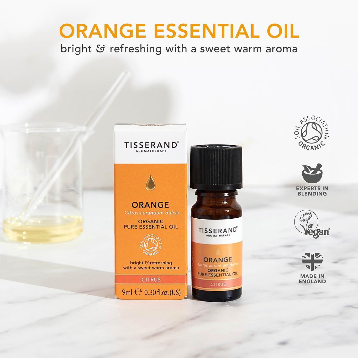 Tisserand Orange Organic Essential Oil - 9ml | Sweet & Uplifting Orange Aroma, 100% Natural Pure Essential Oils, Uncompromising Quality, Certified Vegan